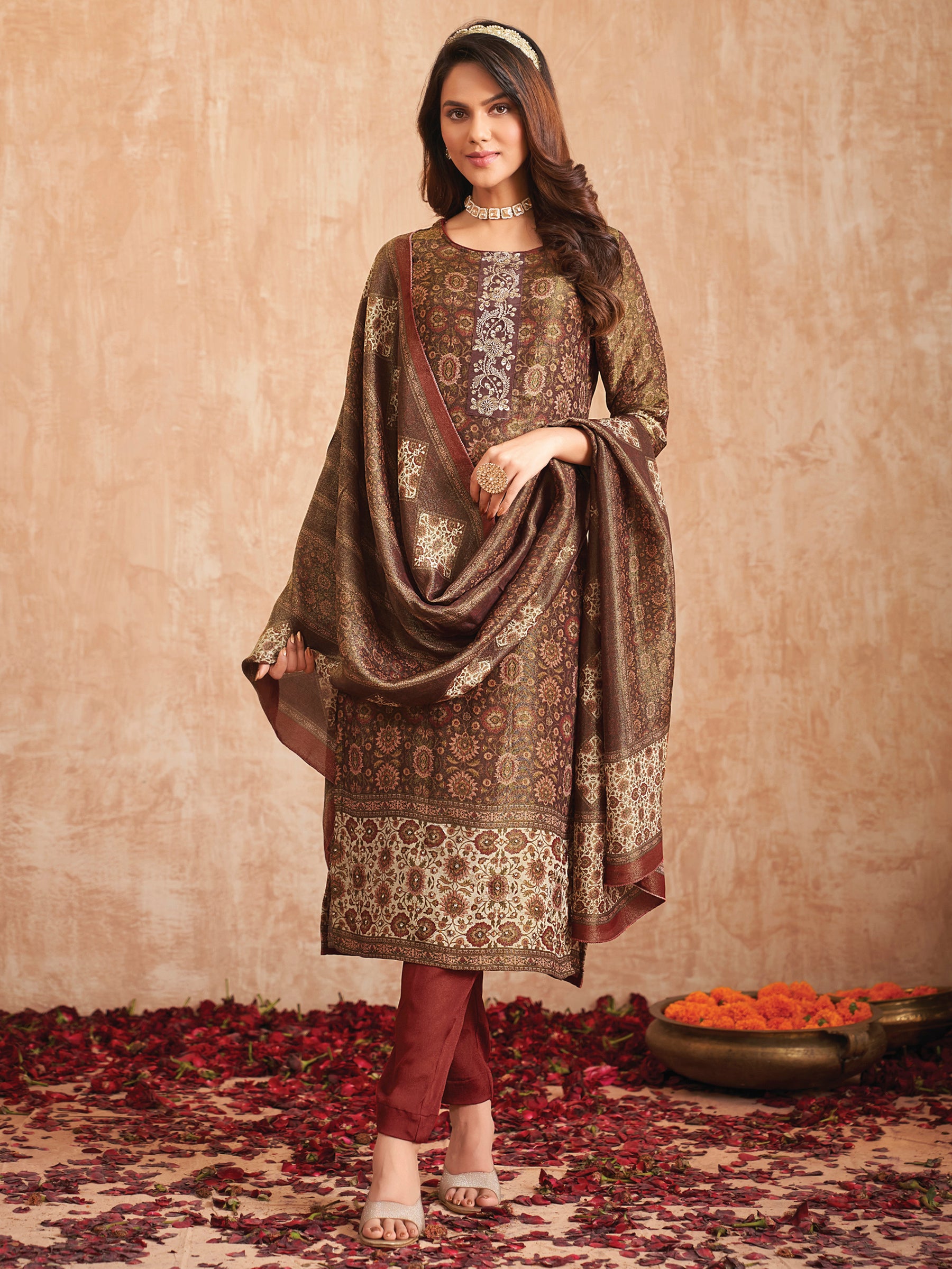 Jyoti Fashion Women's Gold Pure Tissue Shimmer Floral Digital Print With Zardoshi Hand Work Salwar Suit Set - Distacart