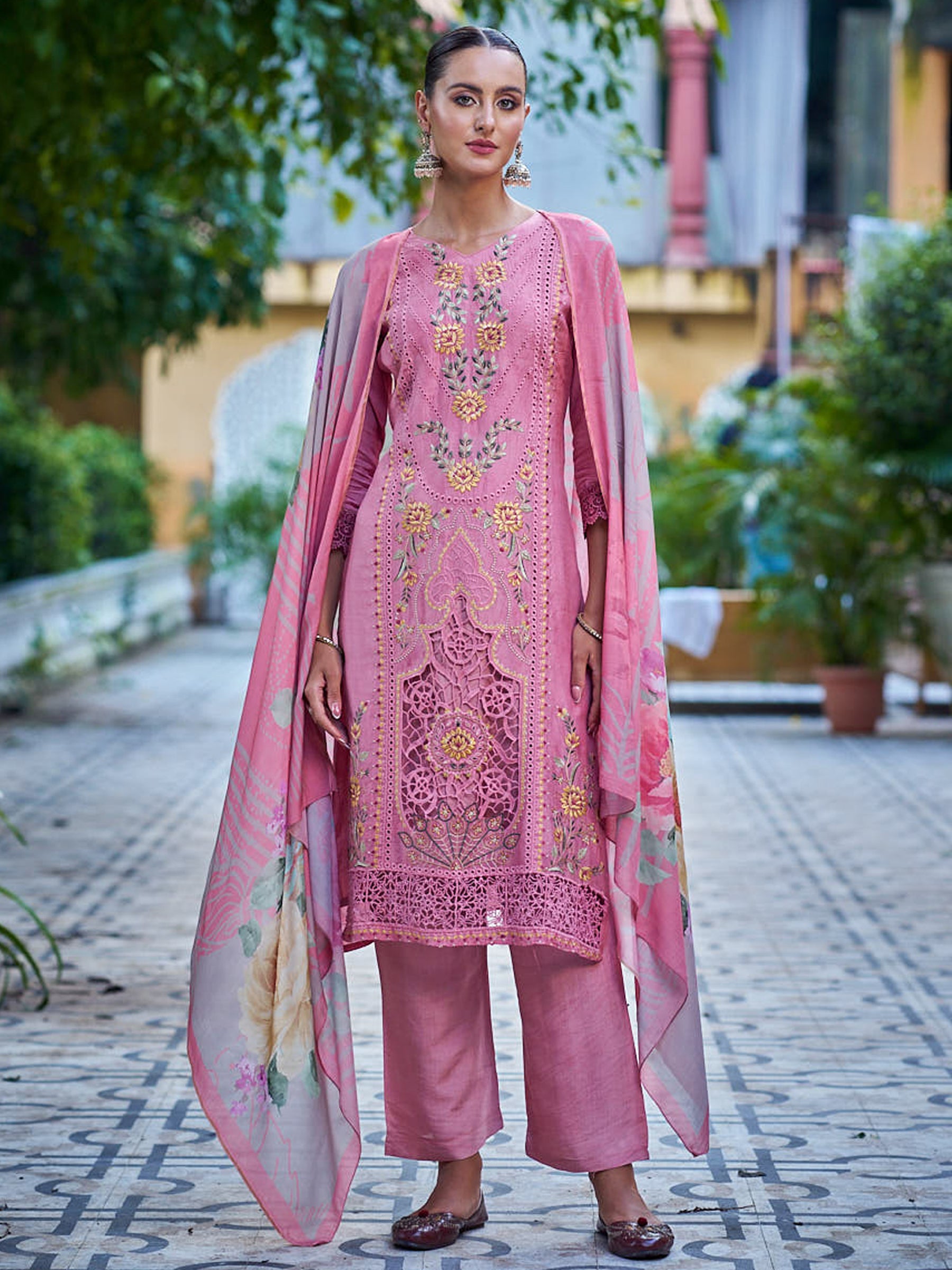 Jyoti Fashion Women's Pink Muslin Resham Thread with Jari & Cut Work Salwar Suit Set - Distacart