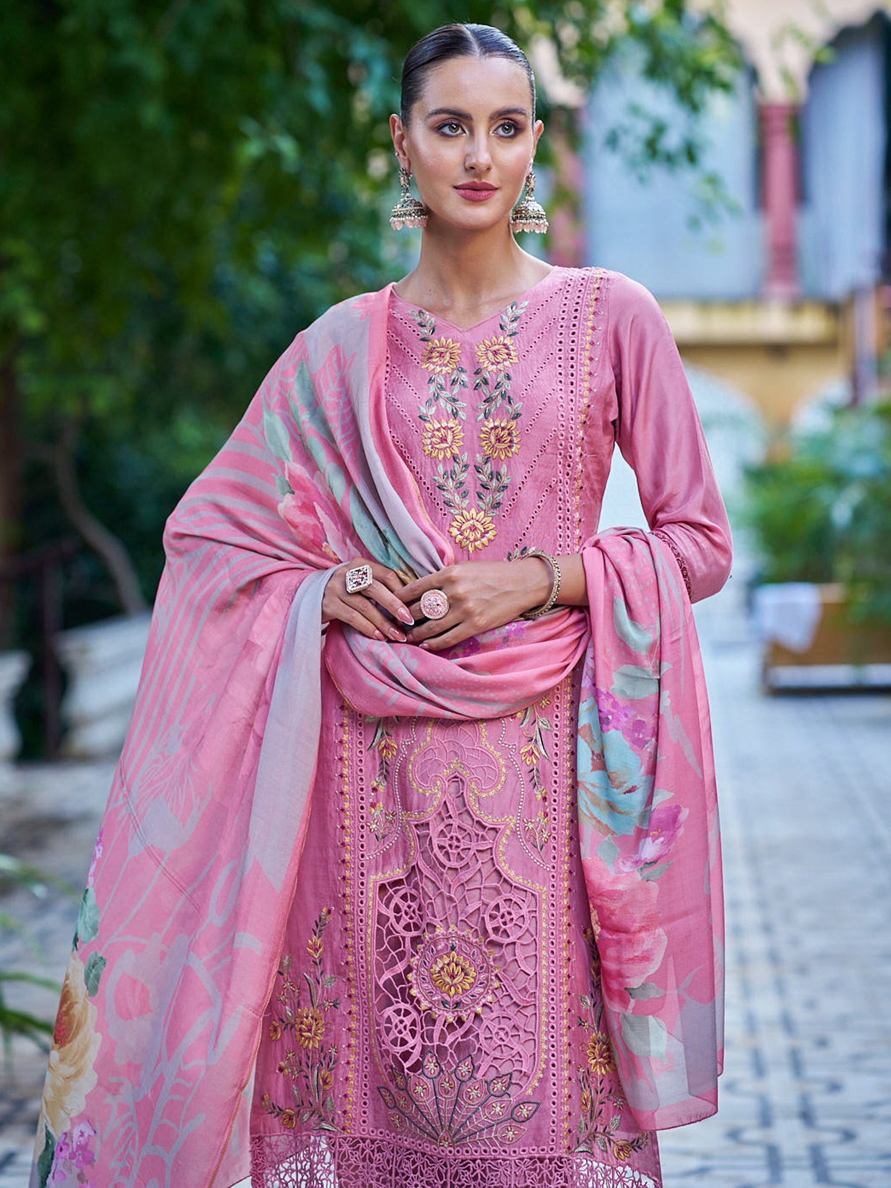 Jyoti Fashion Women's Pink Muslin Resham Thread with Jari & Cut Work Salwar Suit Set - Distacart
