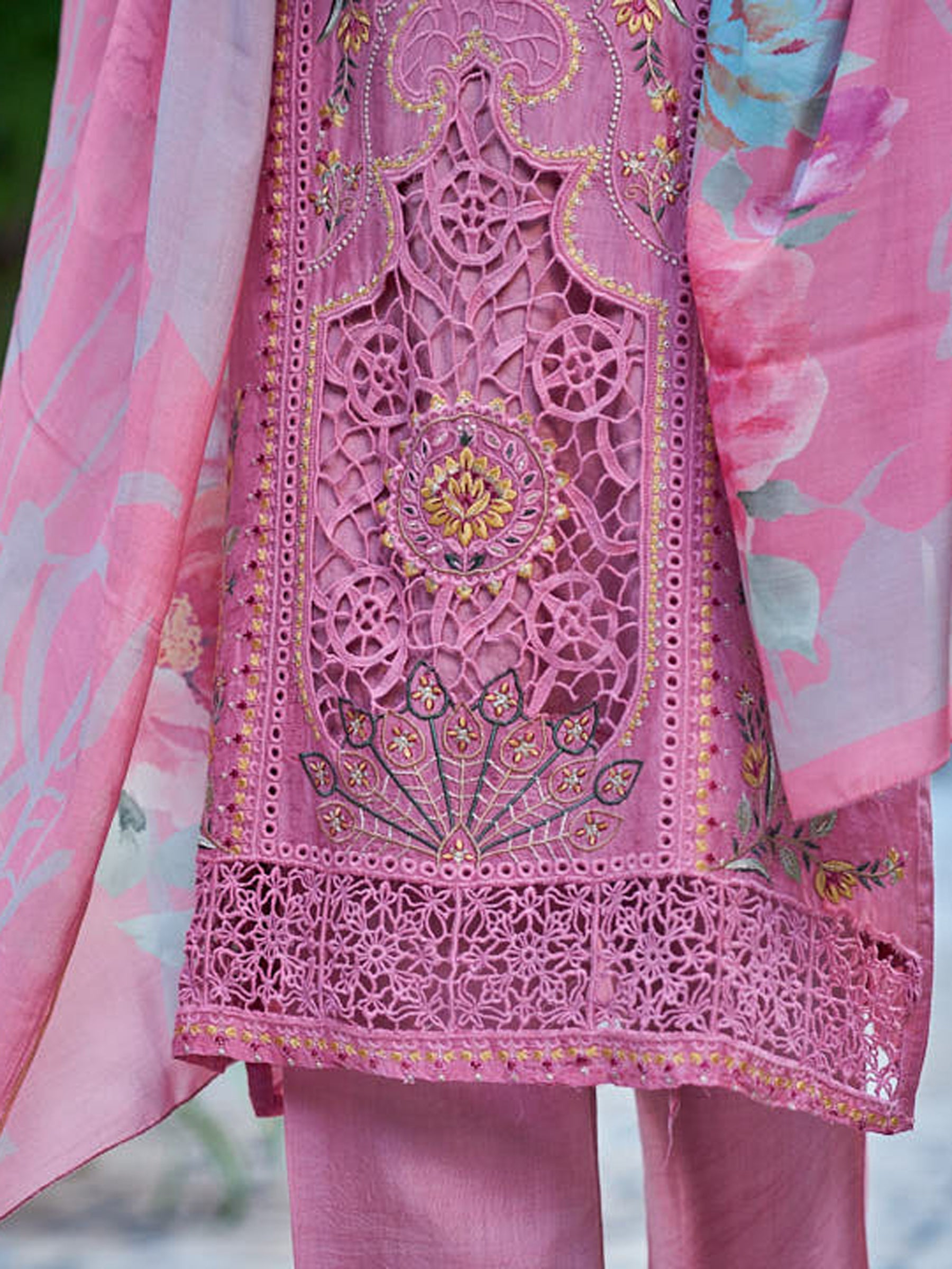 Jyoti Fashion Women's Pink Muslin Resham Thread with Jari & Cut Work Salwar Suit Set - Distacart