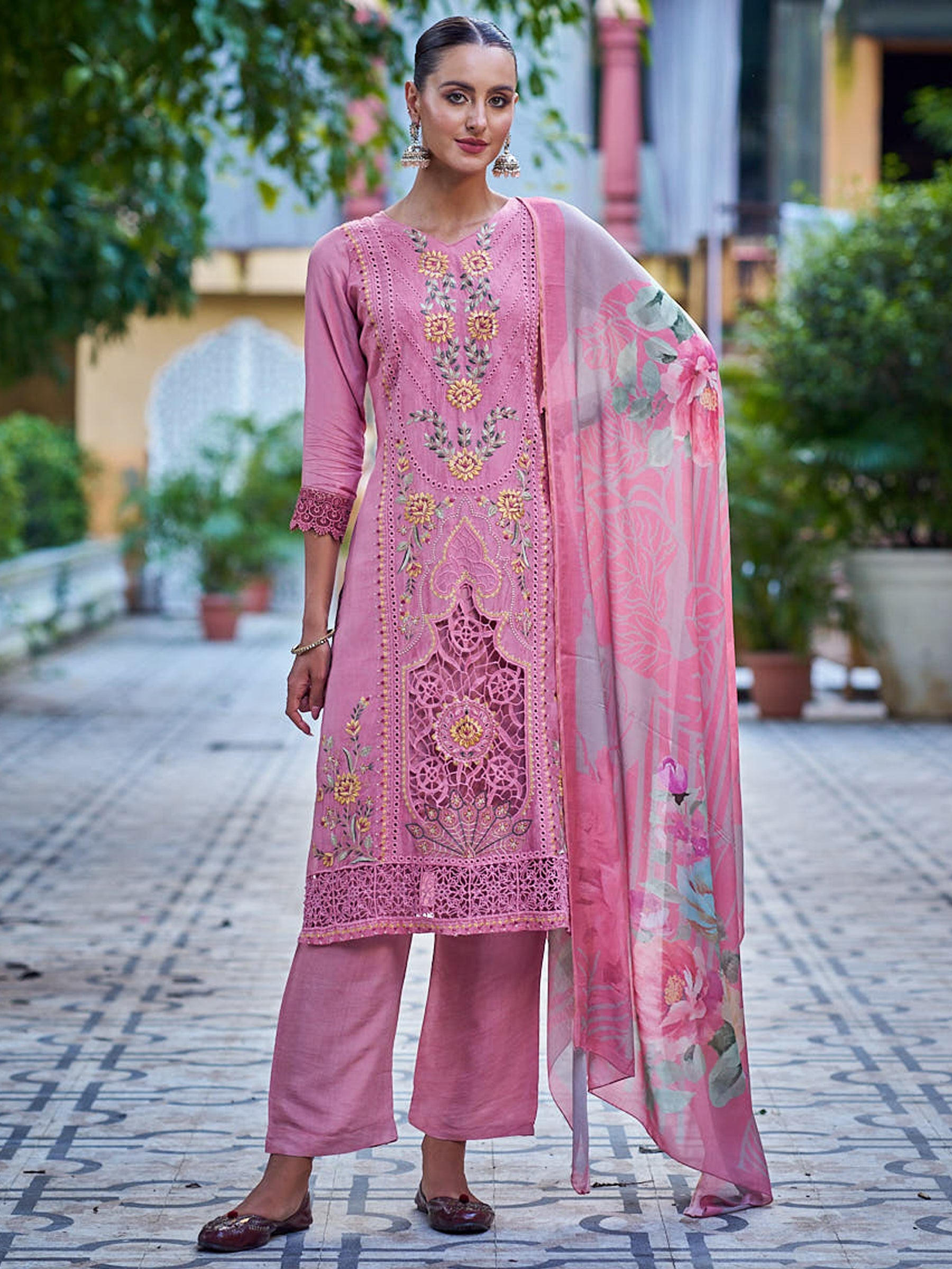 Jyoti Fashion Women's Pink Muslin Resham Thread with Jari & Cut Work Salwar Suit Set - Distacart