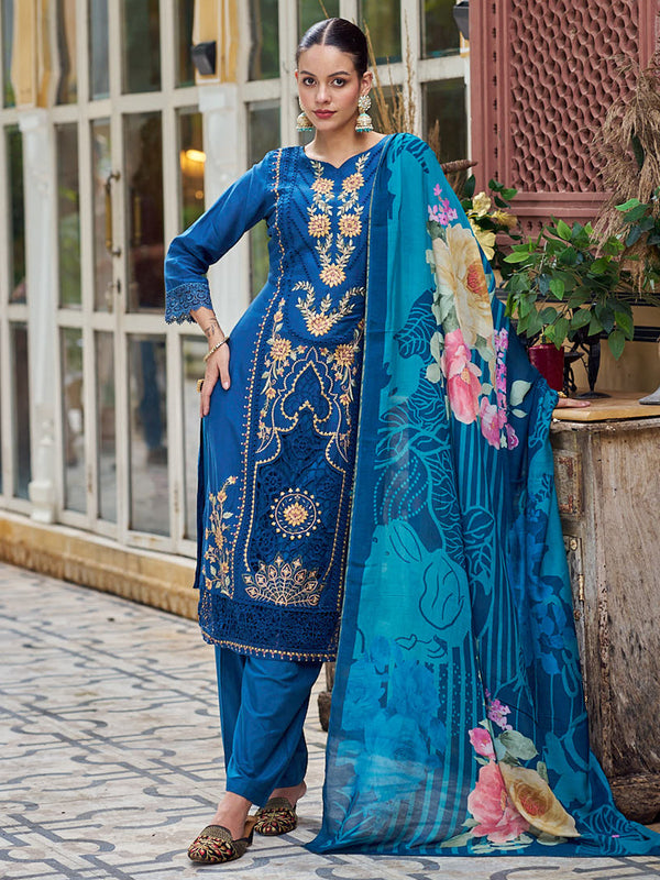 Jyoti Fashion Women's Navy Blue Muslin Resham Thread with Jari & Cut Work Salwar Suit Set - Distacart