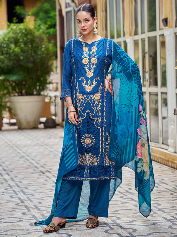 Jyoti Fashion Women's Navy Blue Muslin Resham Thread with Jari & Cut Work Salwar Suit Set - Distacart