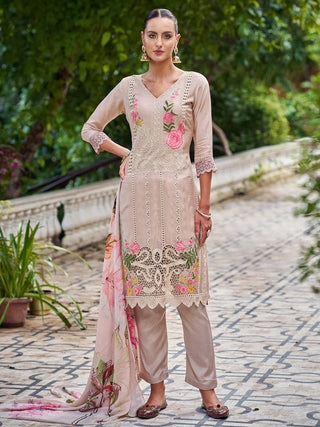 Jyoti Fashion Women's Beige Muslin Resham Thread with Jari & Cut Work Salwar Suit Set - Distacart