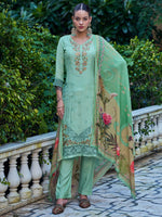 Thumbnail for Jyoti Fashion Women's Green Muslin Resham Thread with Jari & Cut Work Salwar Suit Set - Distacart