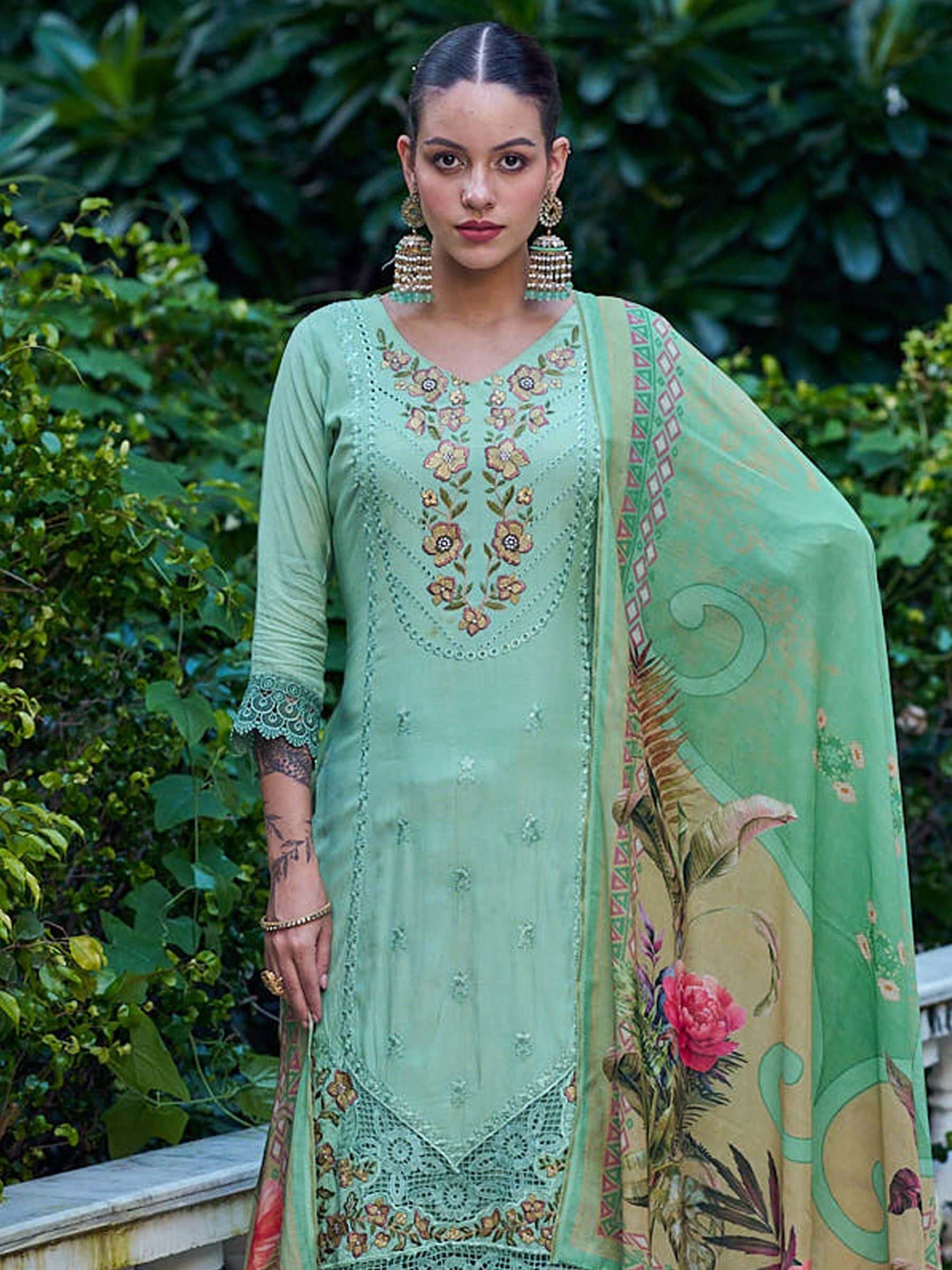 Jyoti Fashion Women's Green Muslin Resham Thread with Jari & Cut Work Salwar Suit Set - Distacart