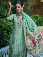 Thumbnail for Jyoti Fashion Women's Green Muslin Resham Thread with Jari & Cut Work Salwar Suit Set - Distacart