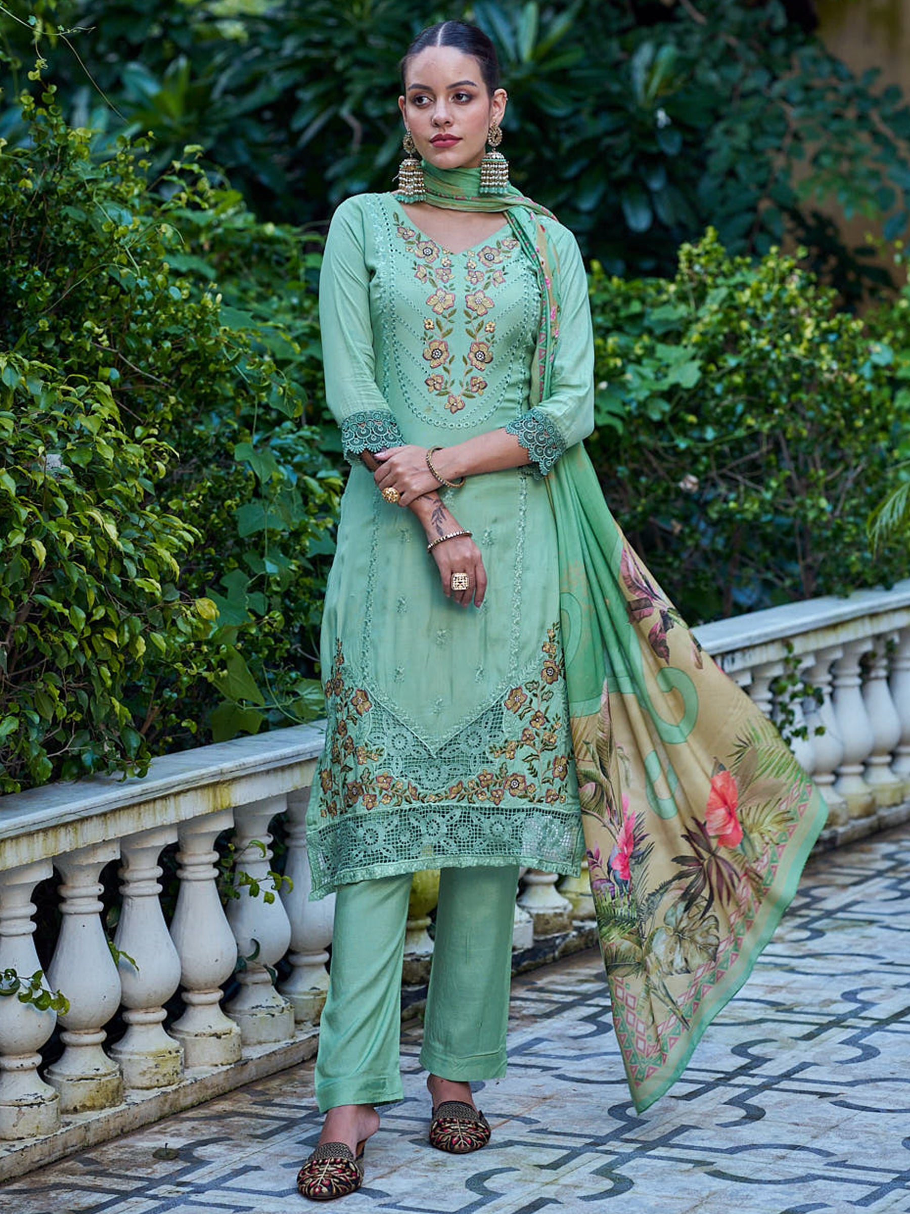 Jyoti Fashion Women's Green Muslin Resham Thread with Jari & Cut Work Salwar Suit Set - Distacart