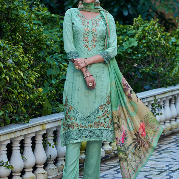Jyoti Fashion Women's Green Muslin Resham Thread with Jari & Cut Work Salwar Suit Set - Distacart