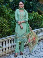 Thumbnail for Jyoti Fashion Women's Green Muslin Resham Thread with Jari & Cut Work Salwar Suit Set - Distacart