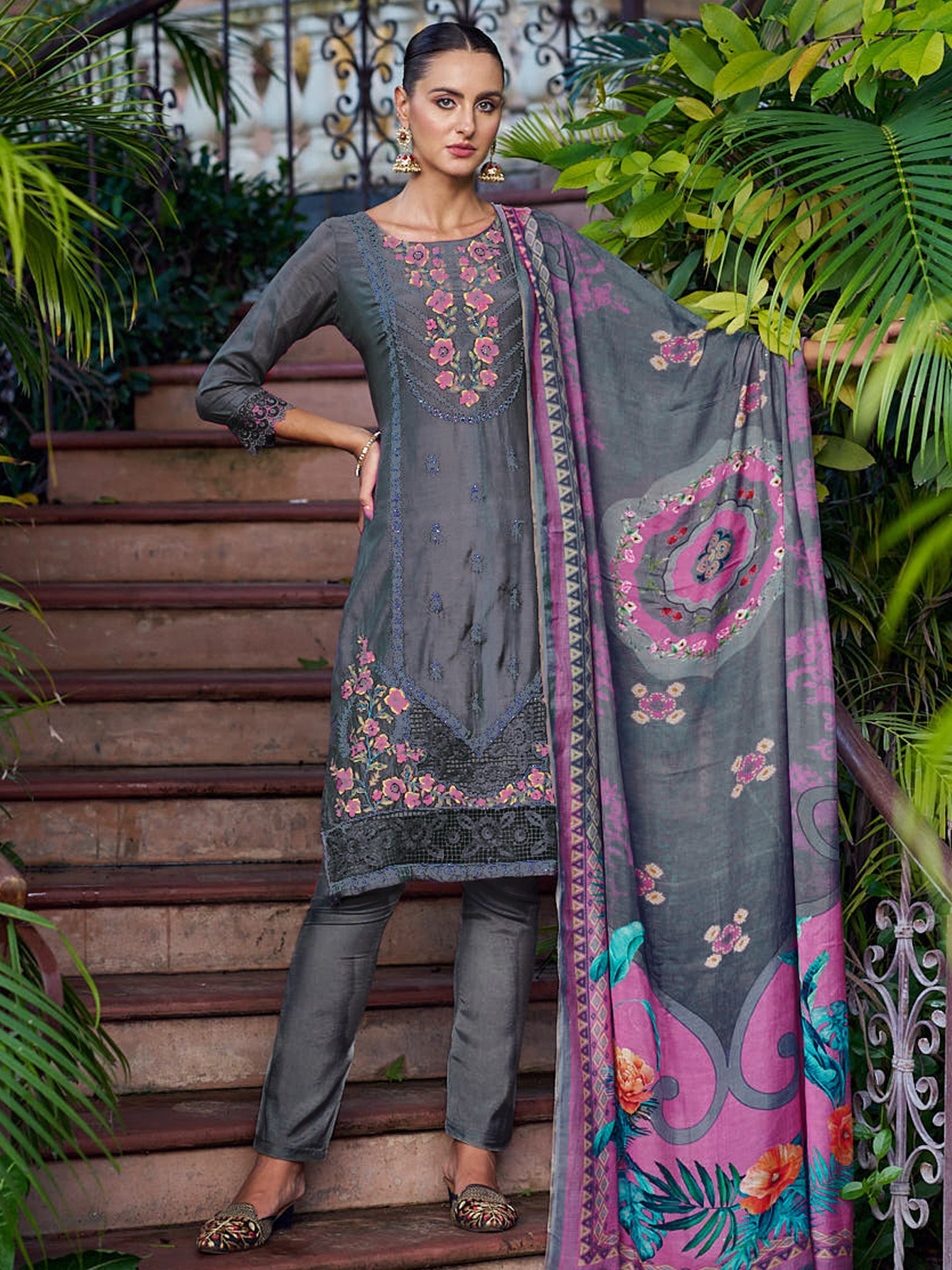 Jyoti Fashion Women's Grey Muslin Resham Thread with Jari & Cut Work Salwar Suit Set - Distacart