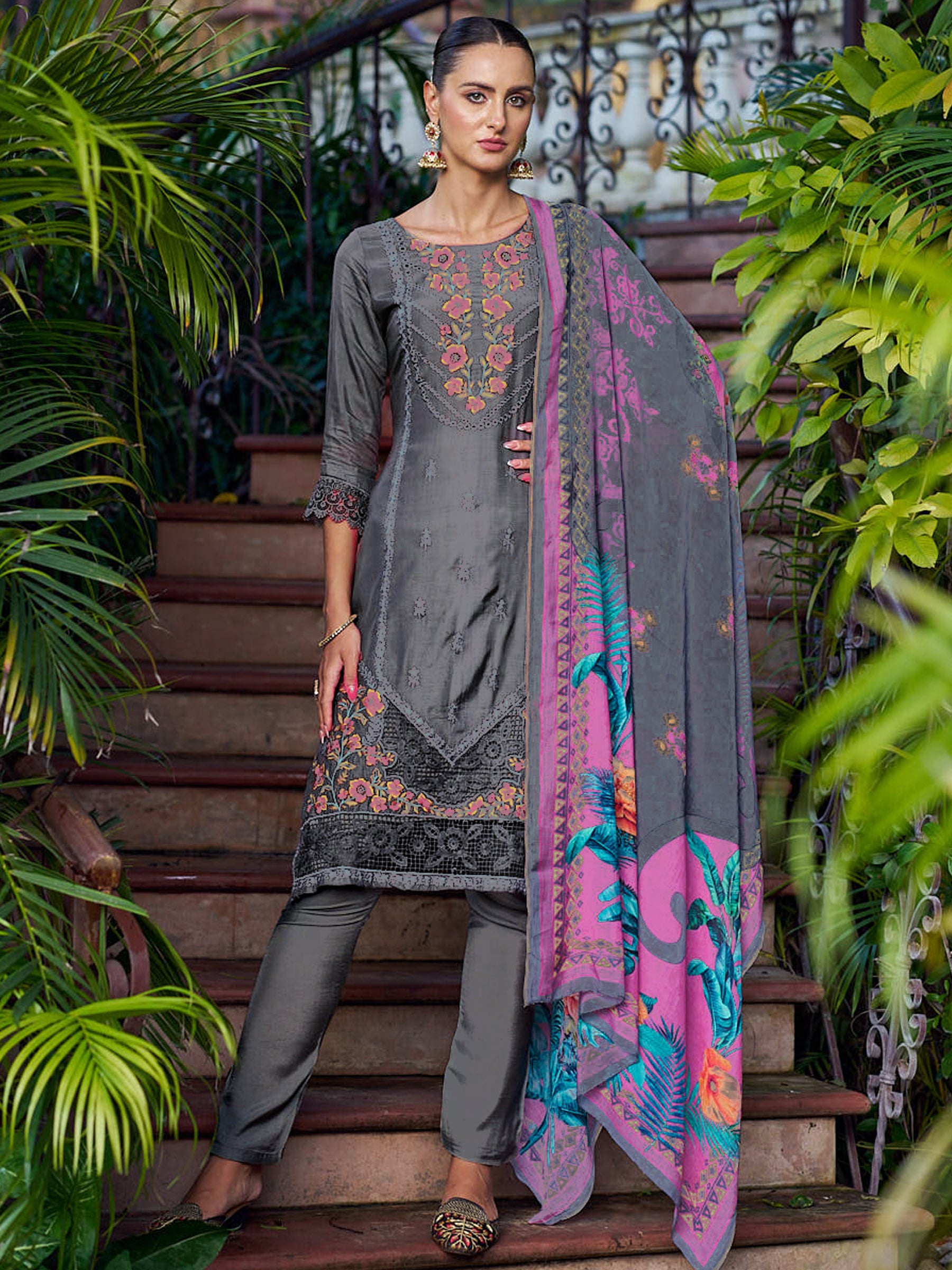 Jyoti Fashion Women's Grey Muslin Resham Thread with Jari & Cut Work Salwar Suit Set - Distacart