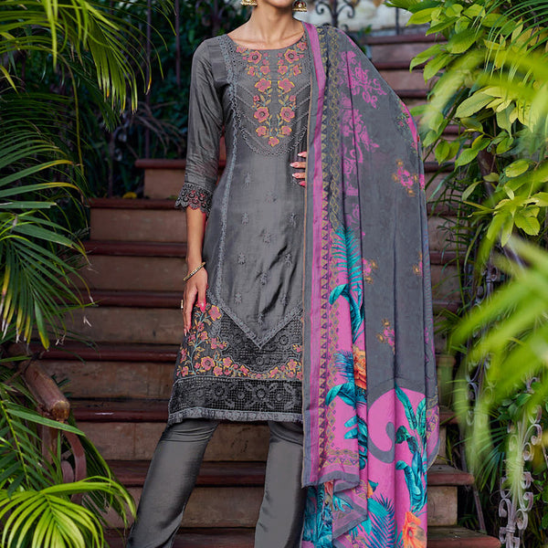 Jyoti Fashion Women's Grey Muslin Resham Thread with Jari & Cut Work Salwar Suit Set - Distacart