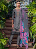 Thumbnail for Jyoti Fashion Women's Grey Muslin Resham Thread with Jari & Cut Work Salwar Suit Set - Distacart