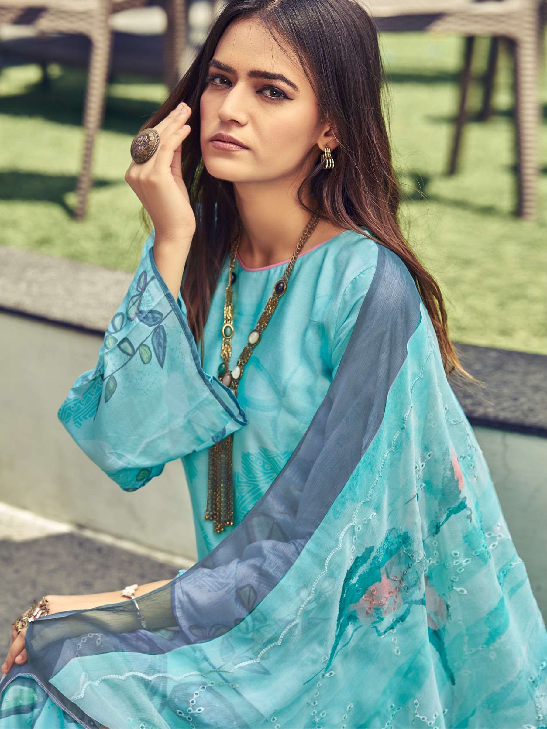 Jyoti Fashion Women's Turquoise Muslin Floral Digital Print with Sequins Work Salwar Suit Set - Distacart