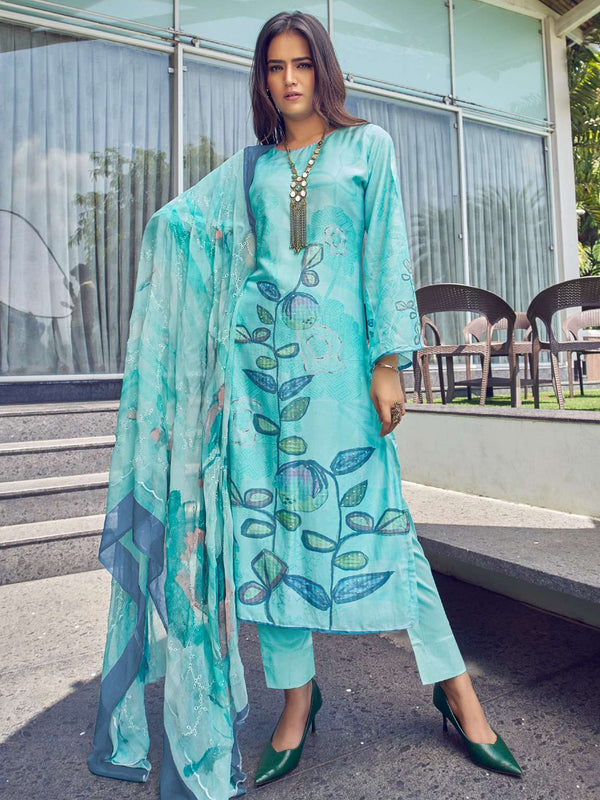 Jyoti Fashion Women's Turquoise Muslin Floral Digital Print with Sequins Work Salwar Suit Set - Distacart