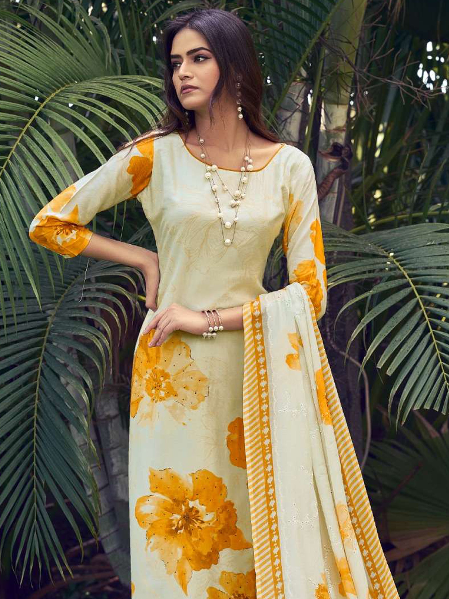 Jyoti Fashion Women's Cream Muslin Floral Digital Print with Sequins Work Salwar Suit Set - Distacart