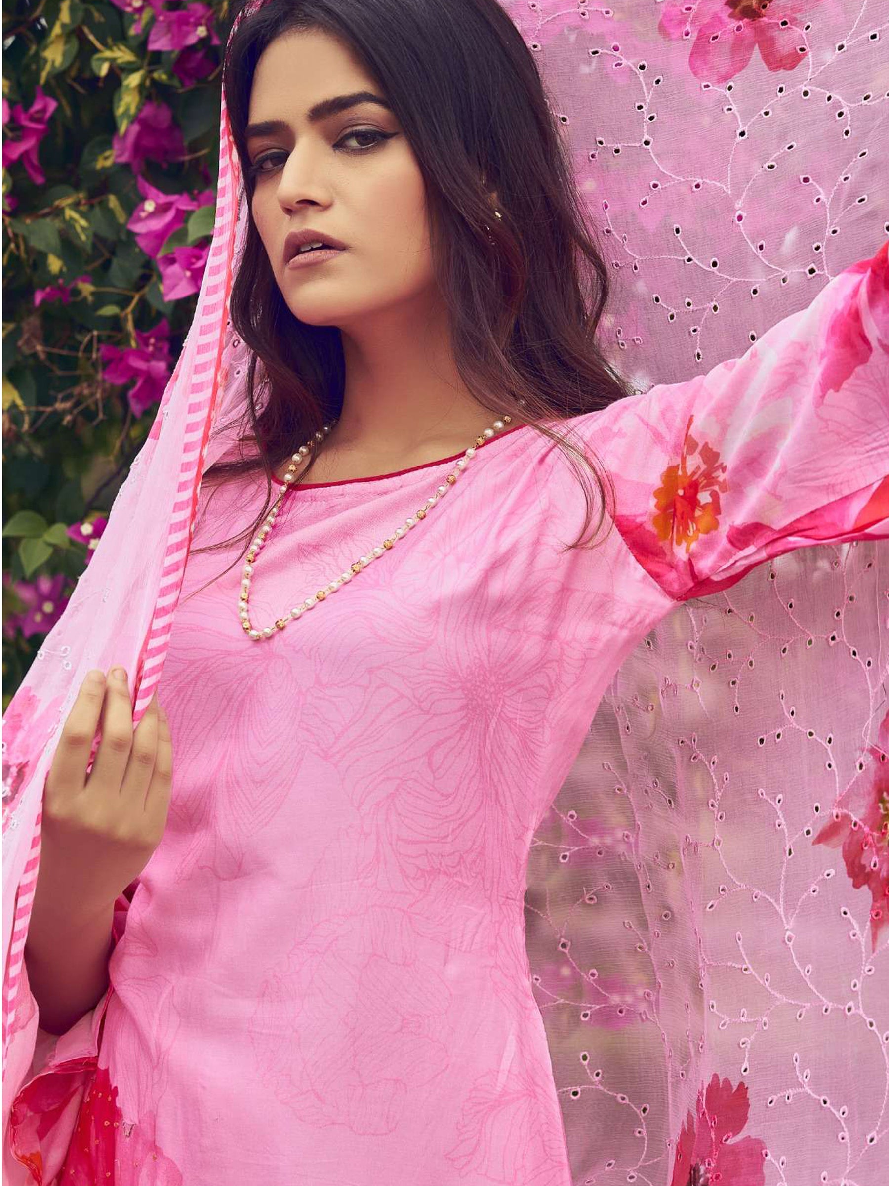 Jyoti Fashion Women's Pink Muslin Floral Digital Print with Sequins Work Salwar Suit Set - Distacart