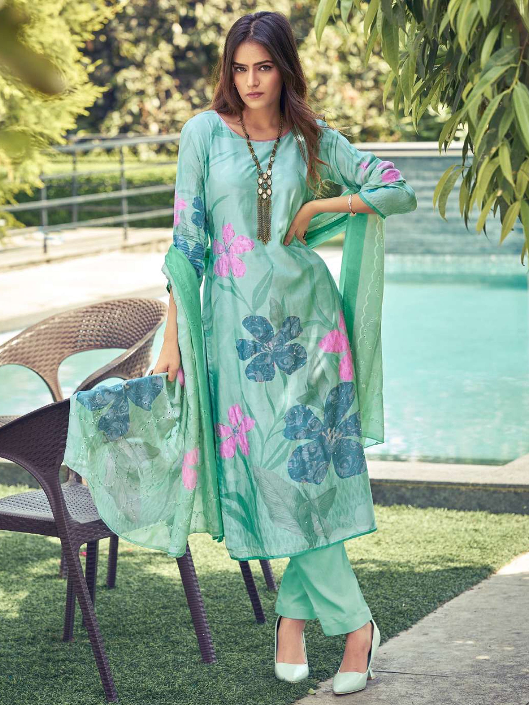 Jyoti Fashion Women's Green Muslin Floral Digital Print with Sequins Work Salwar Suit Set - Distacart