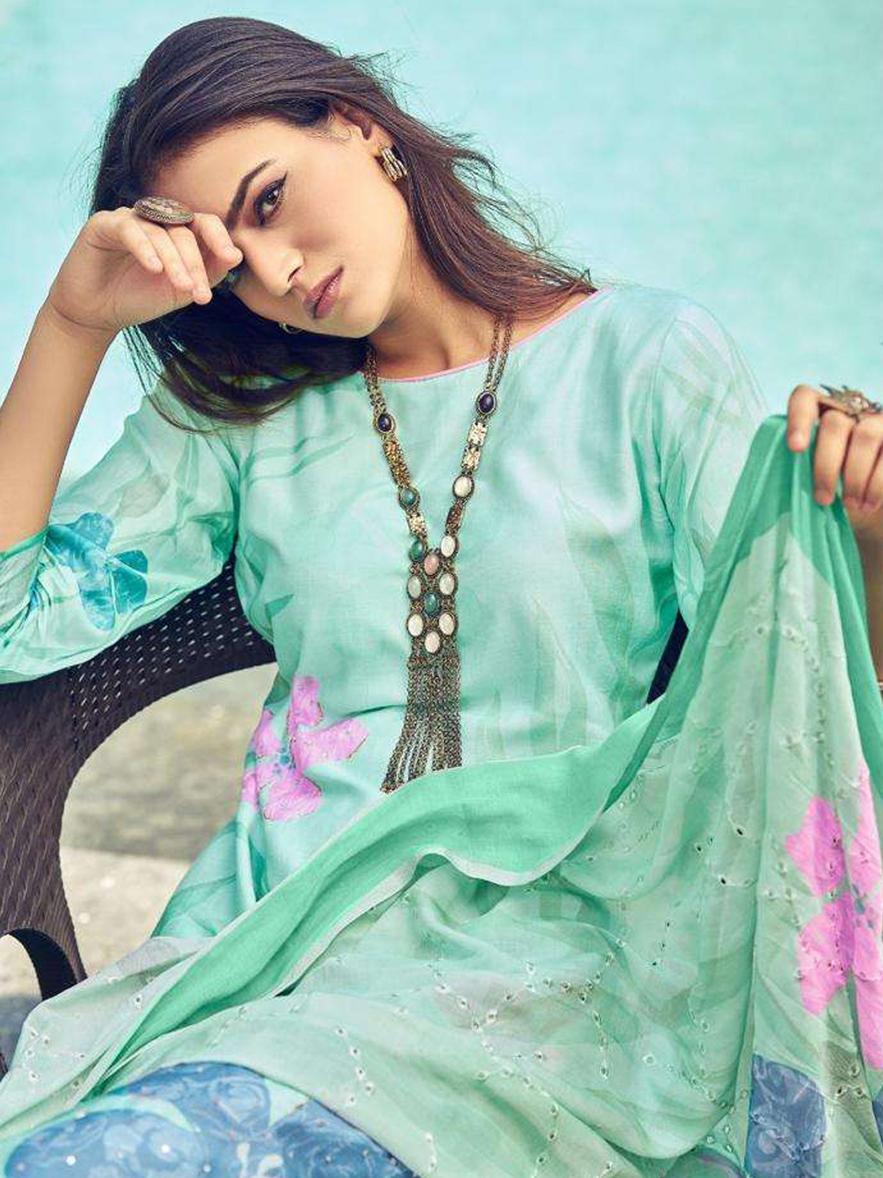 Jyoti Fashion Women's Green Muslin Floral Digital Print with Sequins Work Salwar Suit Set - Distacart