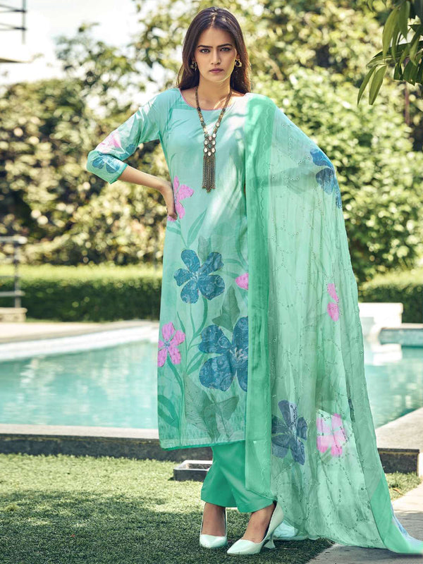 Jyoti Fashion Women's Green Muslin Floral Digital Print with Sequins Work Salwar Suit Set - Distacart