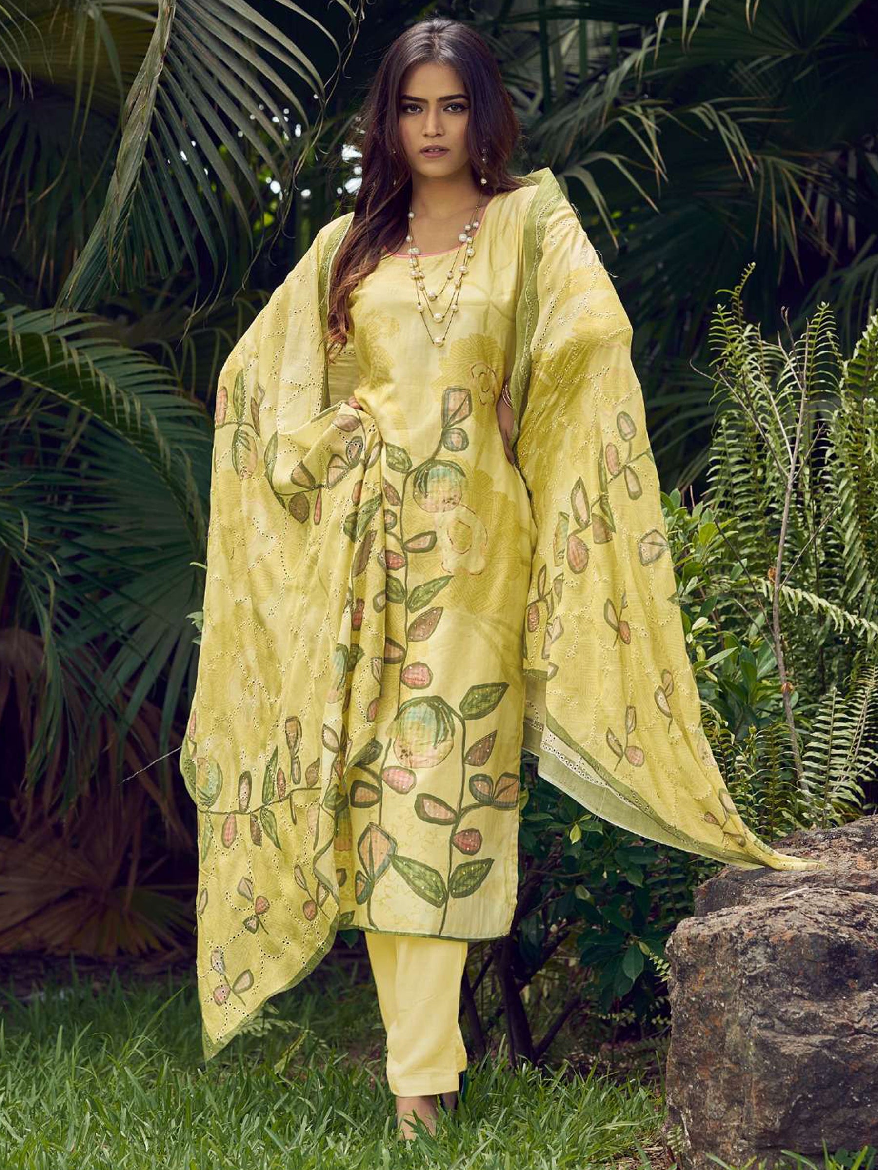 Jyoti Fashion Women's Lemon Yellow Muslin Floral Digital Print with Sequins Work Salwar Suit Set - Distacart