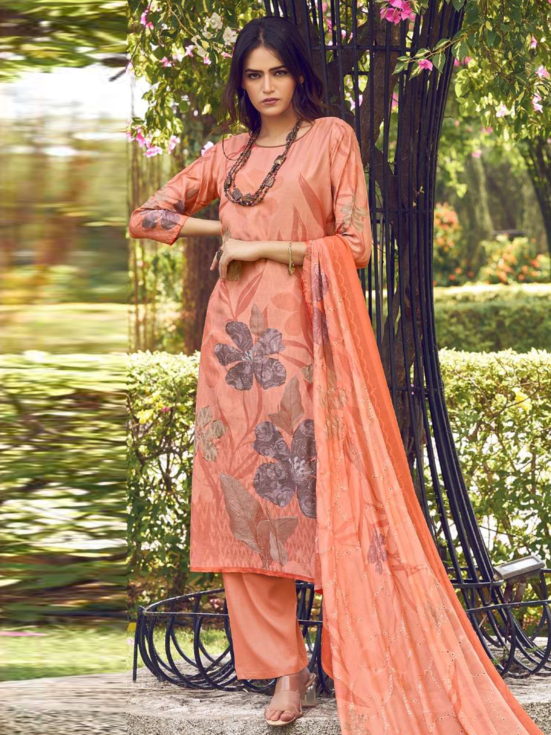 Jyoti Fashion Women's Peach Muslin Floral Digital Print with Sequins Work Salwar Suit Set - Distacart