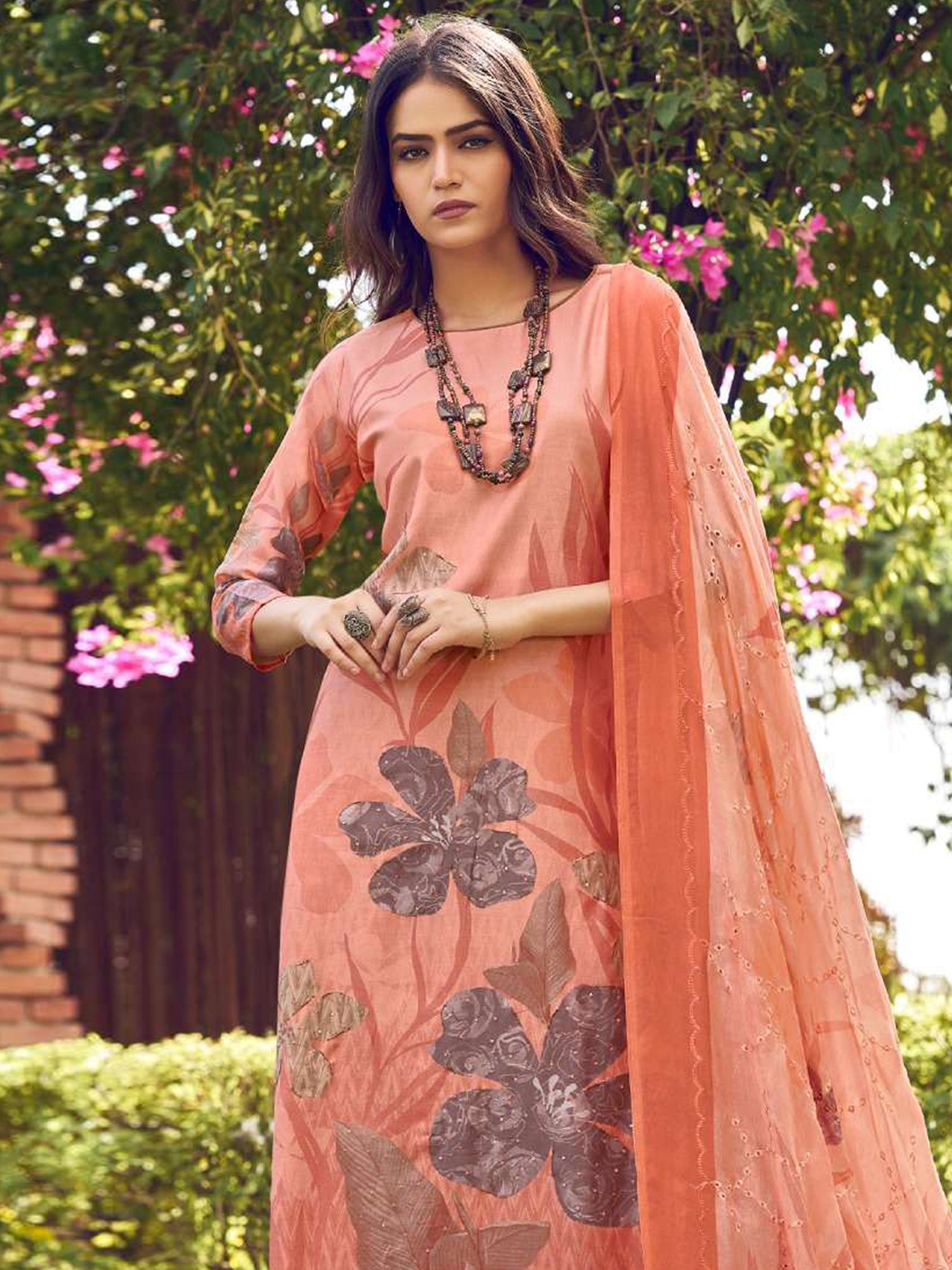 Jyoti Fashion Women's Peach Muslin Floral Digital Print with Sequins Work Salwar Suit Set - Distacart