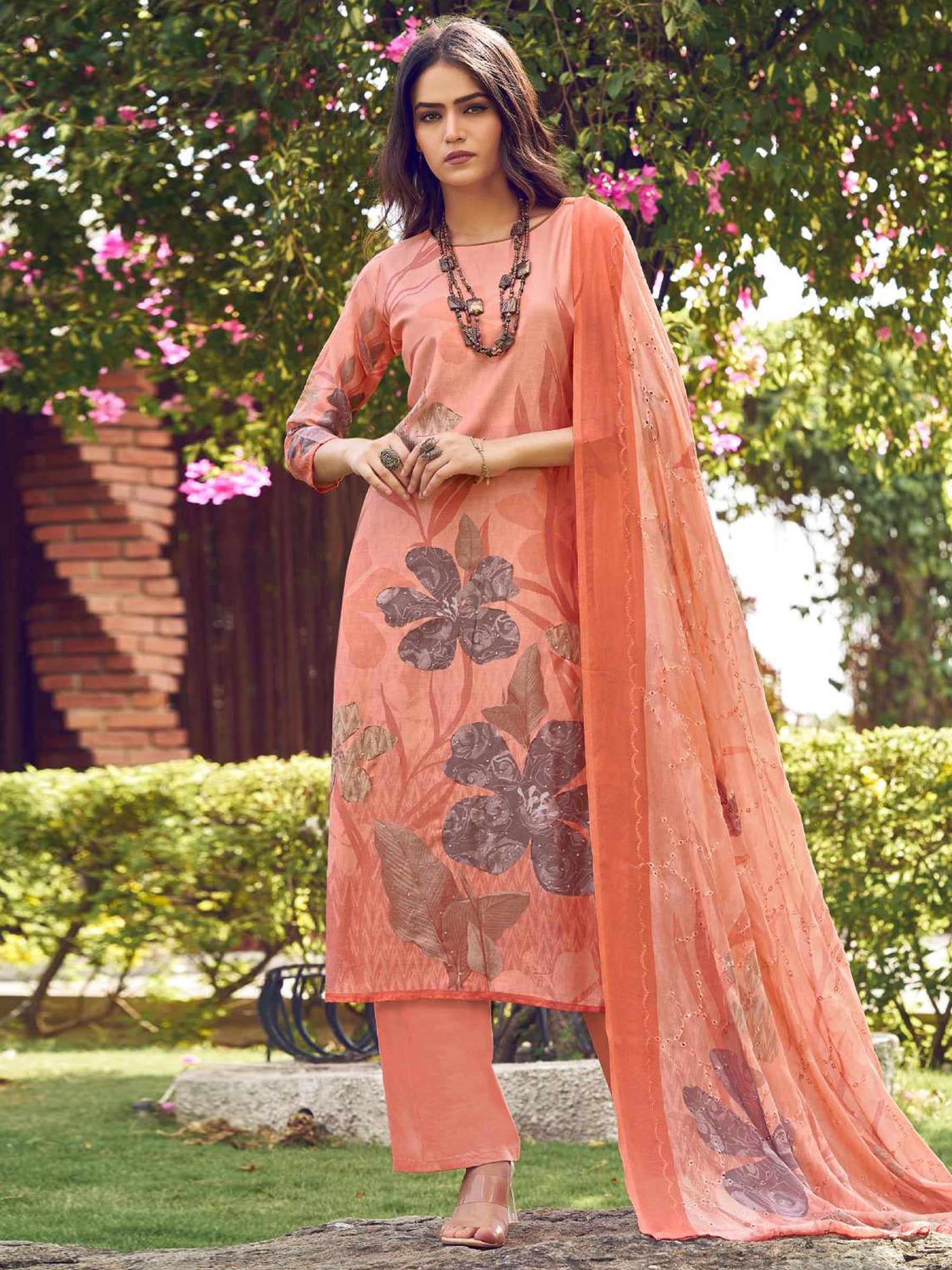 Jyoti Fashion Women's Peach Muslin Floral Digital Print with Sequins Work Salwar Suit Set - Distacart