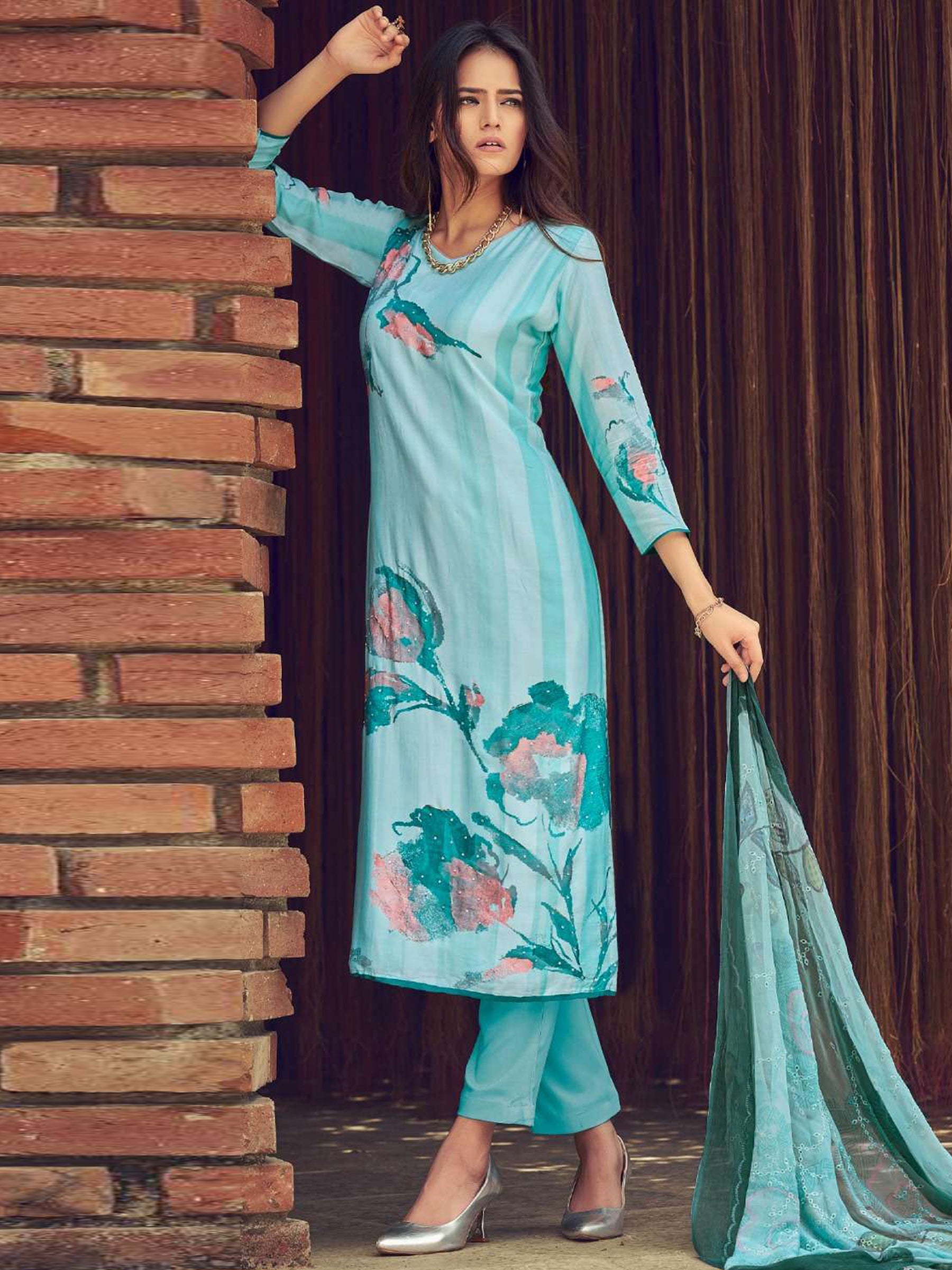 Jyoti Fashion Women's Sky Blue Muslin Floral Digital Print with Sequins Work Salwar Suit Set - Distacart