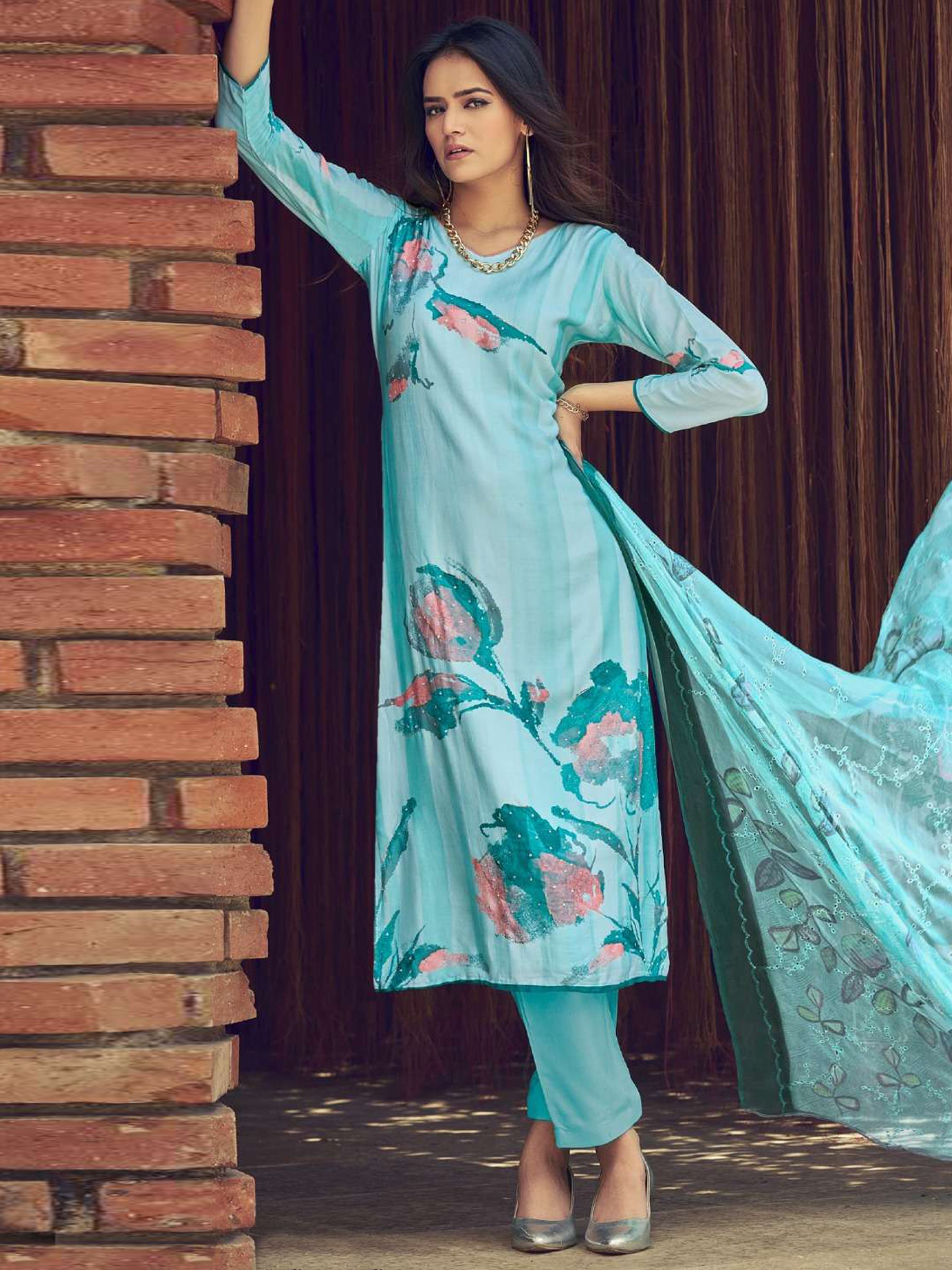 Jyoti Fashion Women's Sky Blue Muslin Floral Digital Print with Sequins Work Salwar Suit Set - Distacart