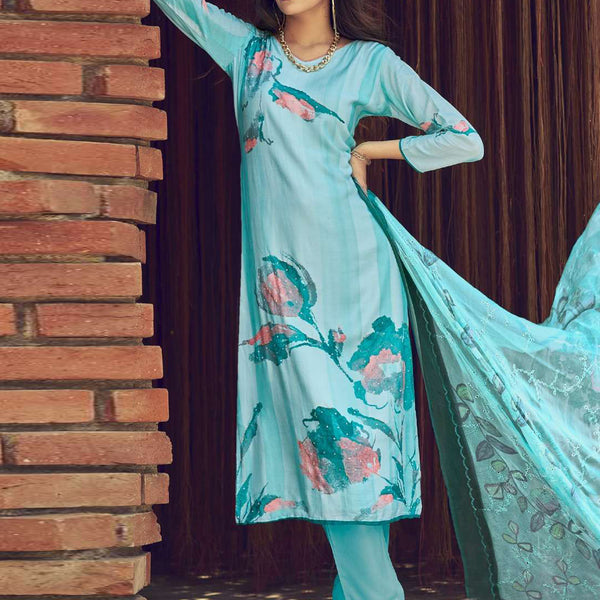 Jyoti Fashion Women's Sky Blue Muslin Floral Digital Print with Sequins Work Salwar Suit Set - Distacart