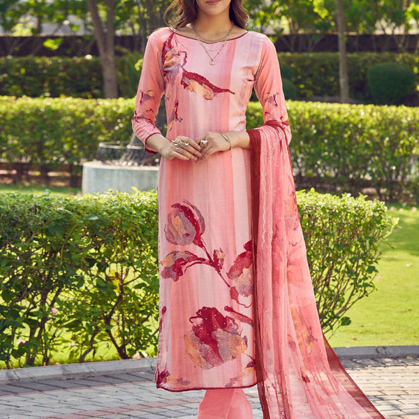 Jyoti Fashion Women's Peach Muslin Floral Digital Print with Sequins Work Salwar Suit Set - Distacart