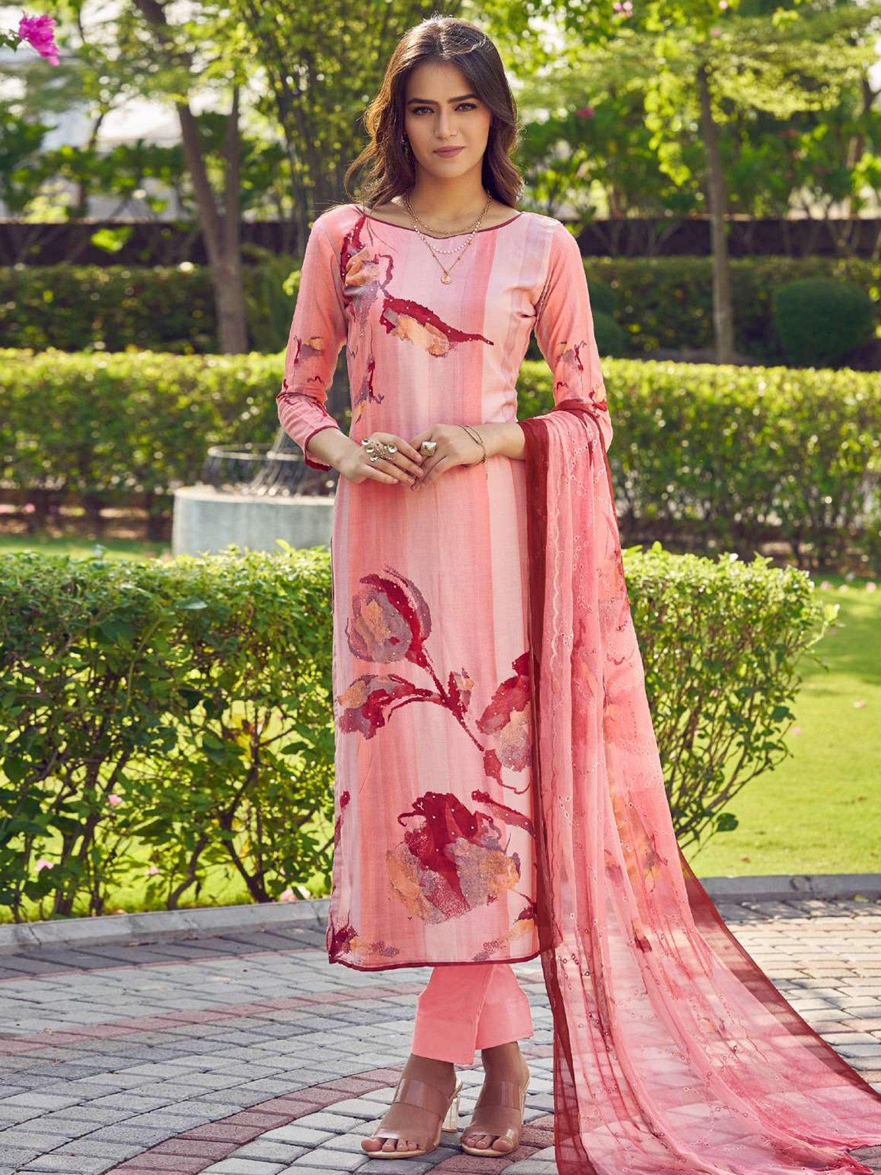 Jyoti Fashion Women's Peach Muslin Floral Digital Print with Sequins Work Salwar Suit Set - Distacart