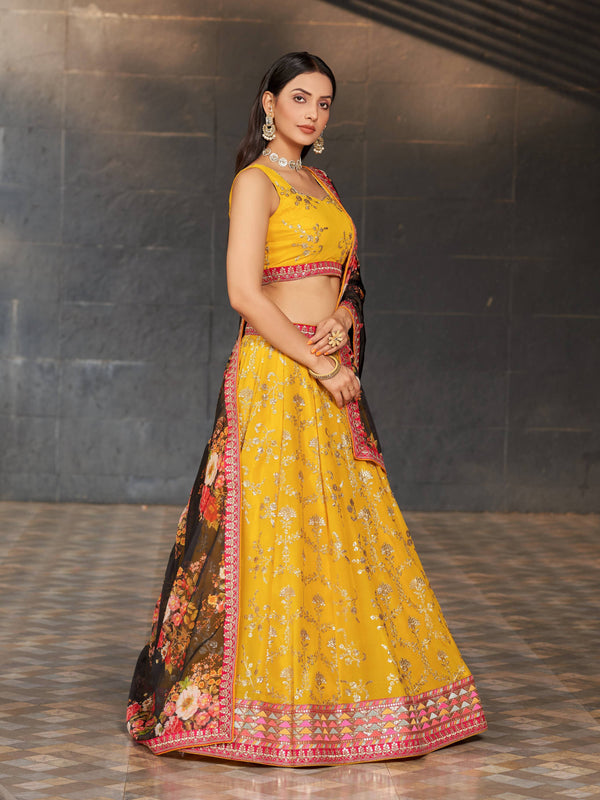 Jyoti Fashion Women's Yellow Georgette Zari & Heavy Sequin Embroidery Lehenga Choli & Dupatta - Distacart