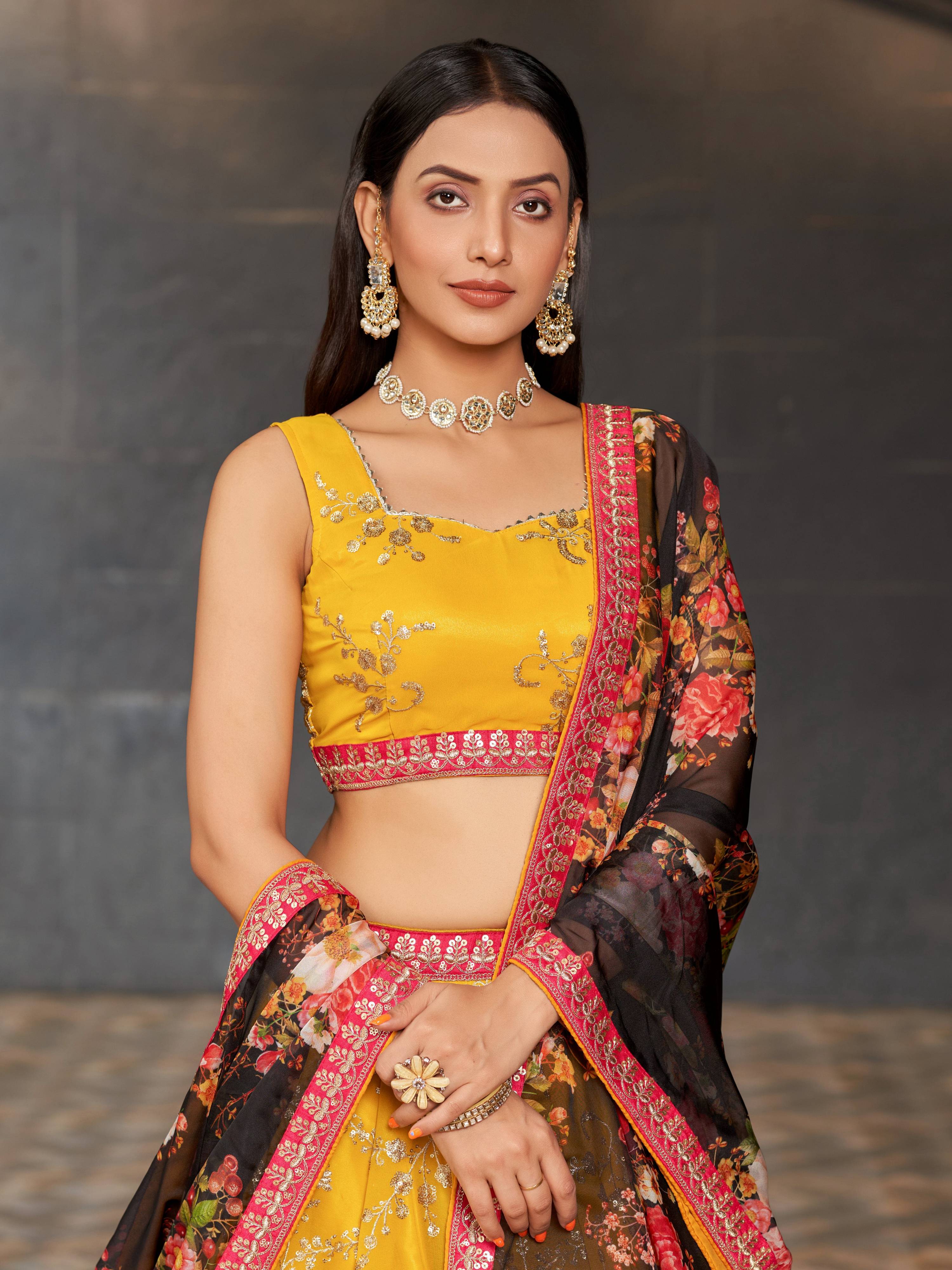 Jyoti Fashion Women's Yellow Georgette Zari & Heavy Sequin Embroidery Lehenga Choli & Dupatta - Distacart