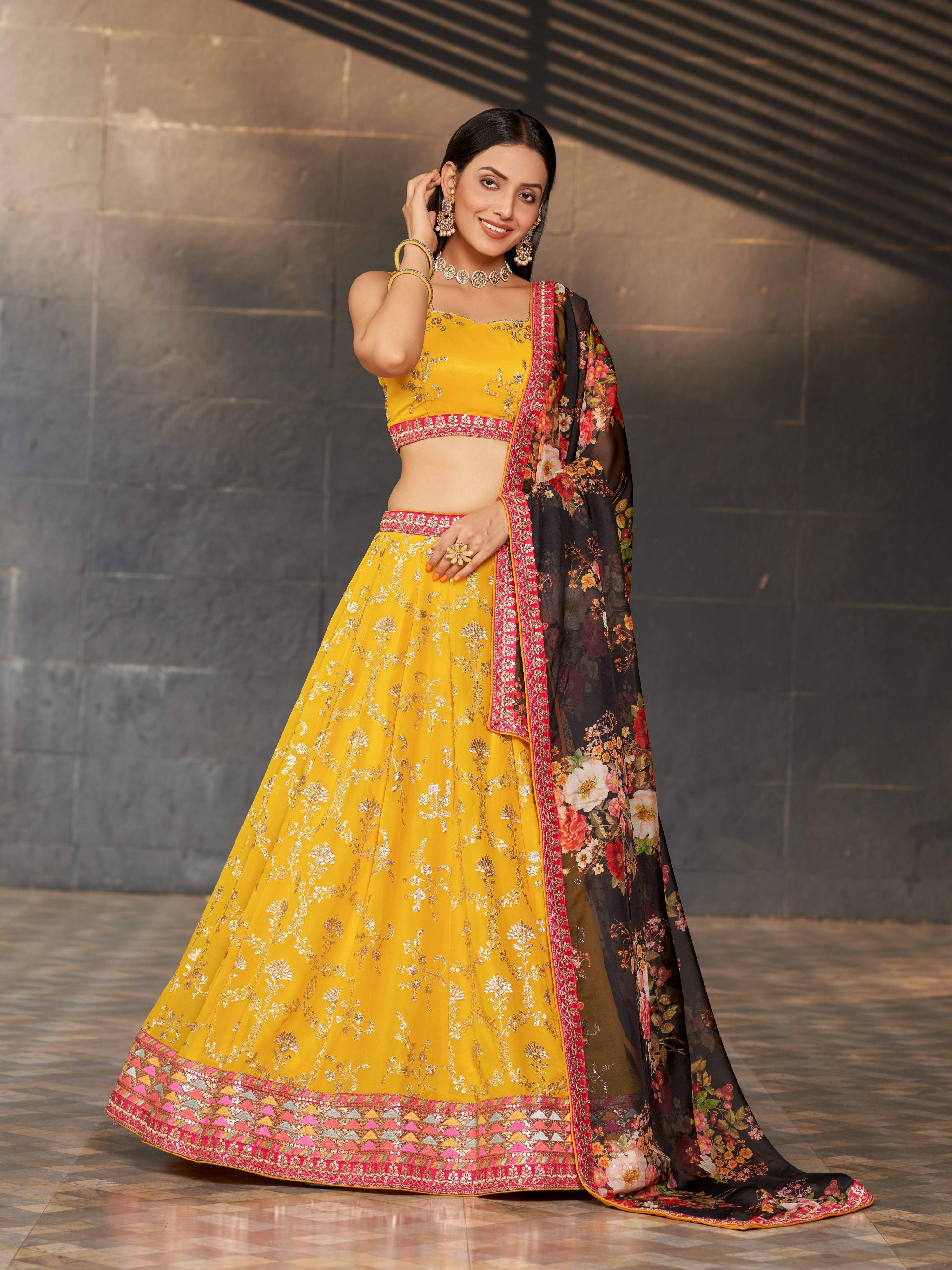 Jyoti Fashion Women's Yellow Georgette Zari & Heavy Sequin Embroidery Lehenga Choli & Dupatta - Distacart