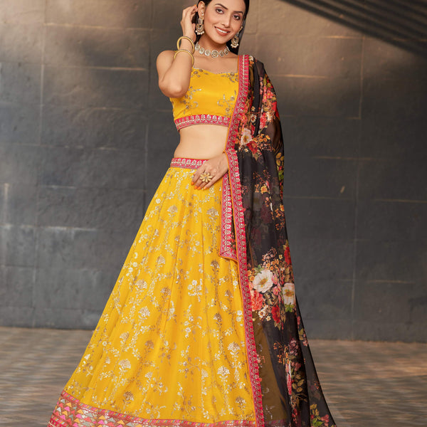 Jyoti Fashion Women's Yellow Georgette Zari & Heavy Sequin Embroidery Lehenga Choli & Dupatta - Distacart