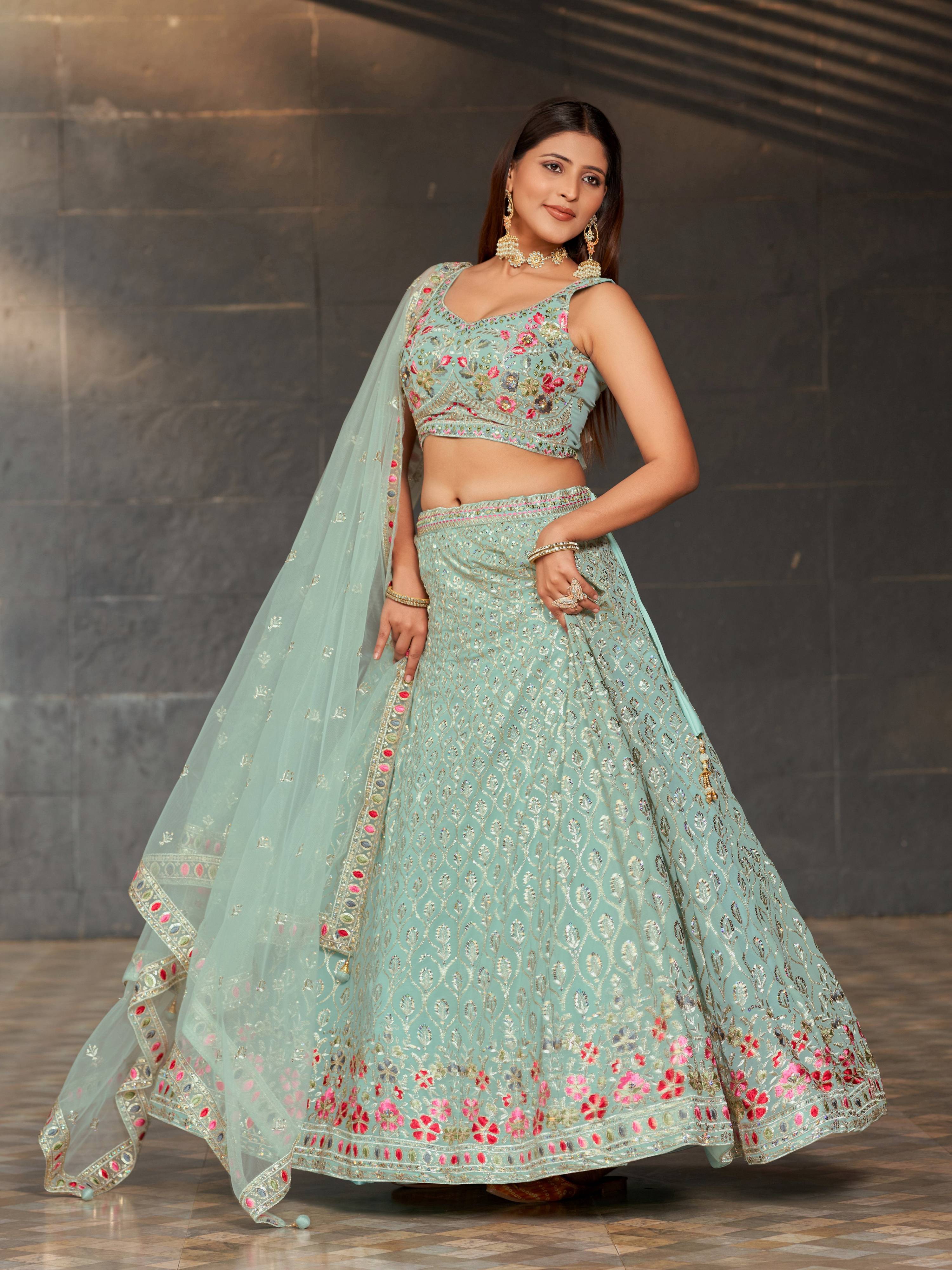 Jyoti Fashion Women's Sky Blue Georgette Zari & Heavy Sequin Embroidery Lehenga Choli & Dupatta - Distacart