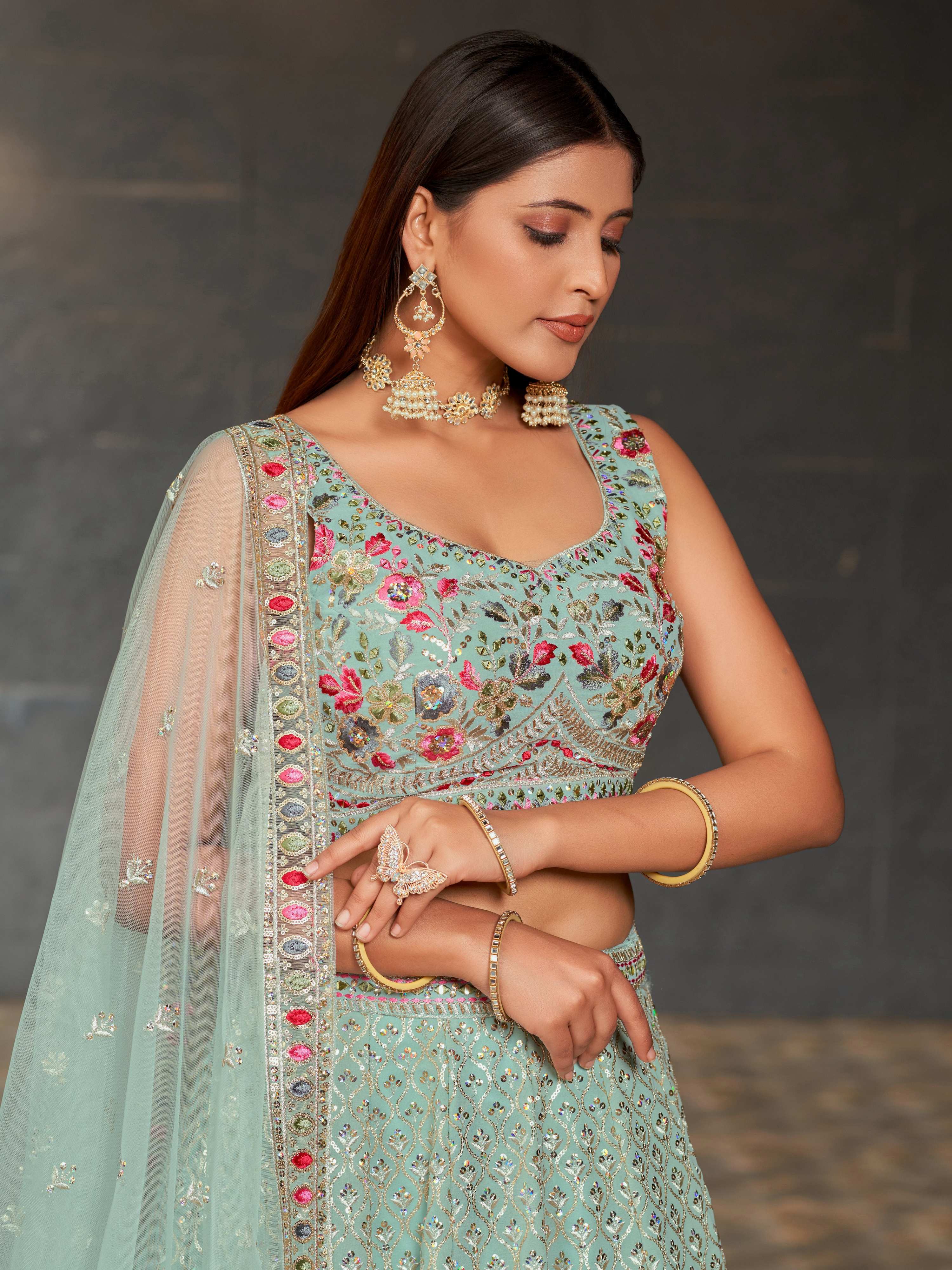 Jyoti Fashion Women's Sky Blue Georgette Zari & Heavy Sequin Embroidery Lehenga Choli & Dupatta - Distacart