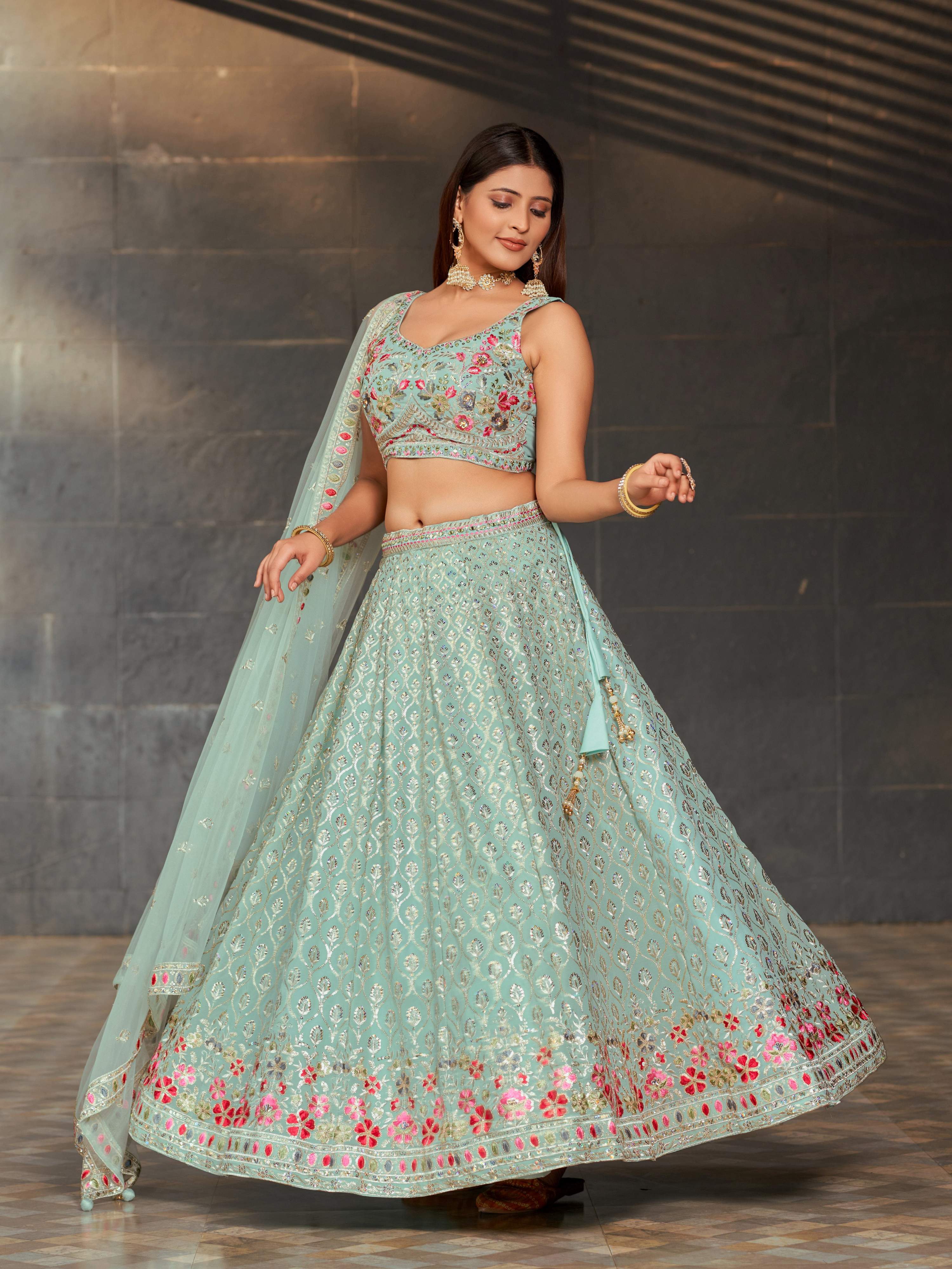 Jyoti Fashion Women's Sky Blue Georgette Zari & Heavy Sequin Embroidery Lehenga Choli & Dupatta - Distacart
