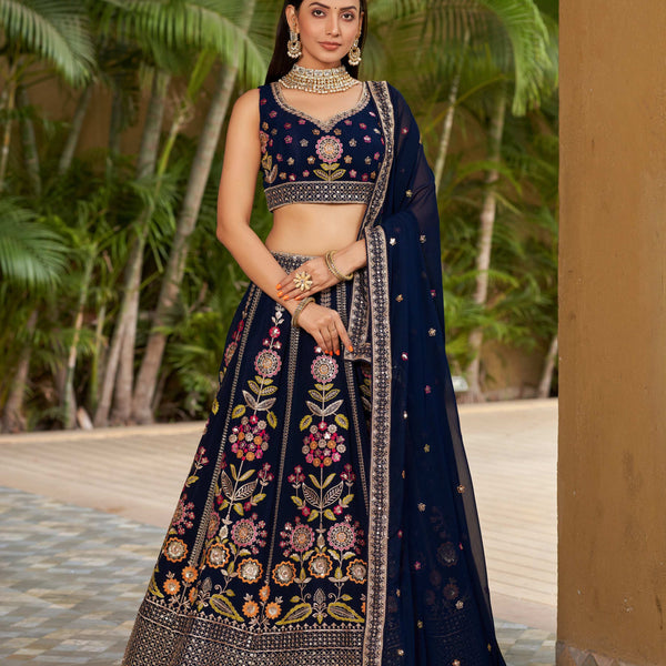 Jyoti Fashion Women's Navy Blue Georgette Zari & Heavy Sequin Embroidery Lehenga Choli & Dupatta - Distacart