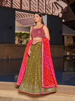 Thumbnail for Jyoti Fashion Women's Olive Georgette Zari & Heavy Sequin Embroidery Lehenga Choli & Dupatta - Distacart