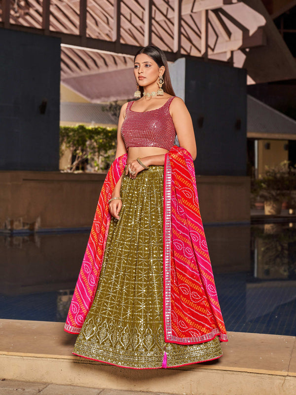 Jyoti Fashion Women's Olive Georgette Zari & Heavy Sequin Embroidery Lehenga Choli & Dupatta - Distacart