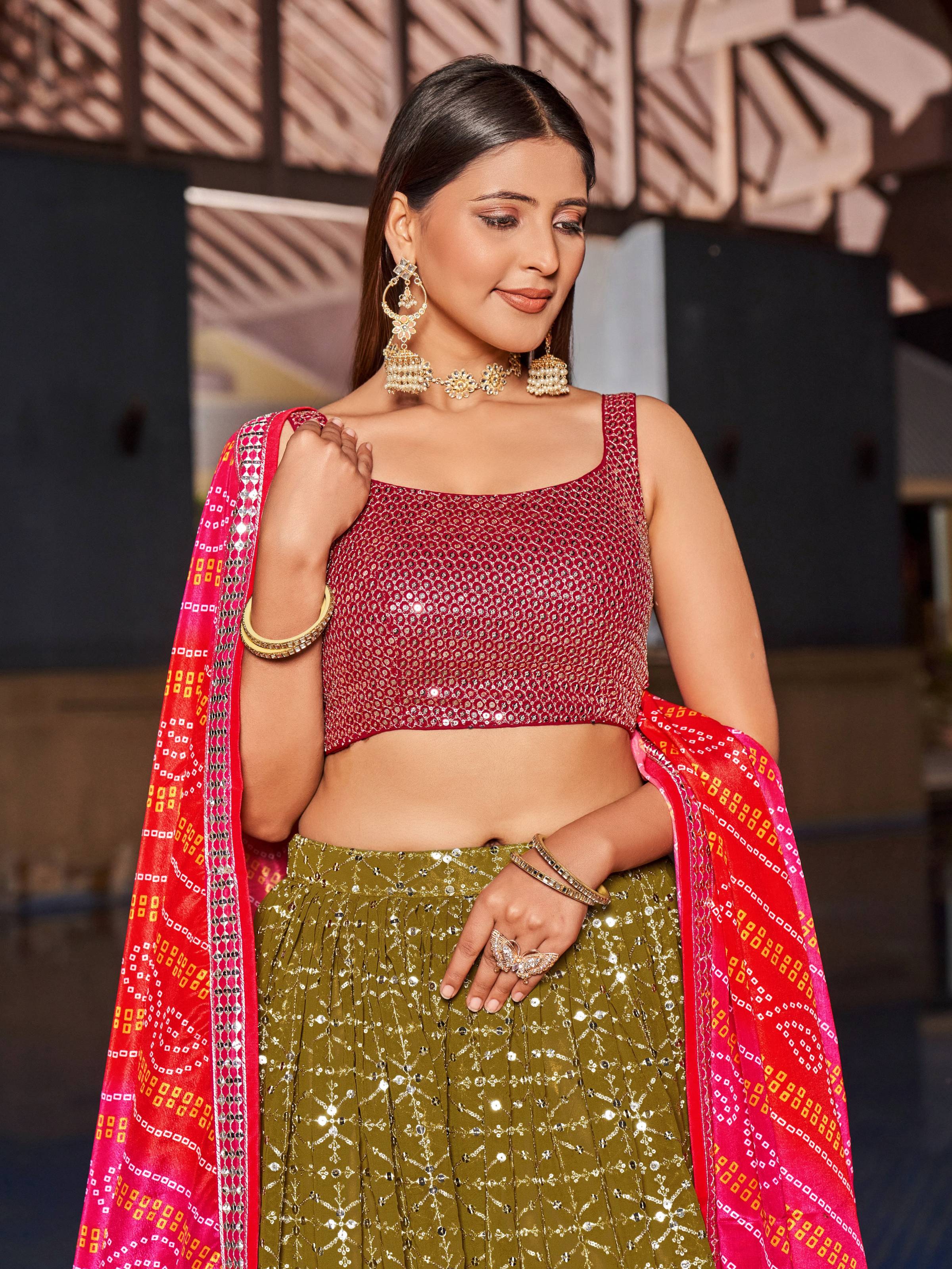 Jyoti Fashion Women's Olive Georgette Zari & Heavy Sequin Embroidery Lehenga Choli & Dupatta - Distacart