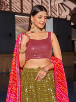 Thumbnail for Jyoti Fashion Women's Olive Georgette Zari & Heavy Sequin Embroidery Lehenga Choli & Dupatta - Distacart