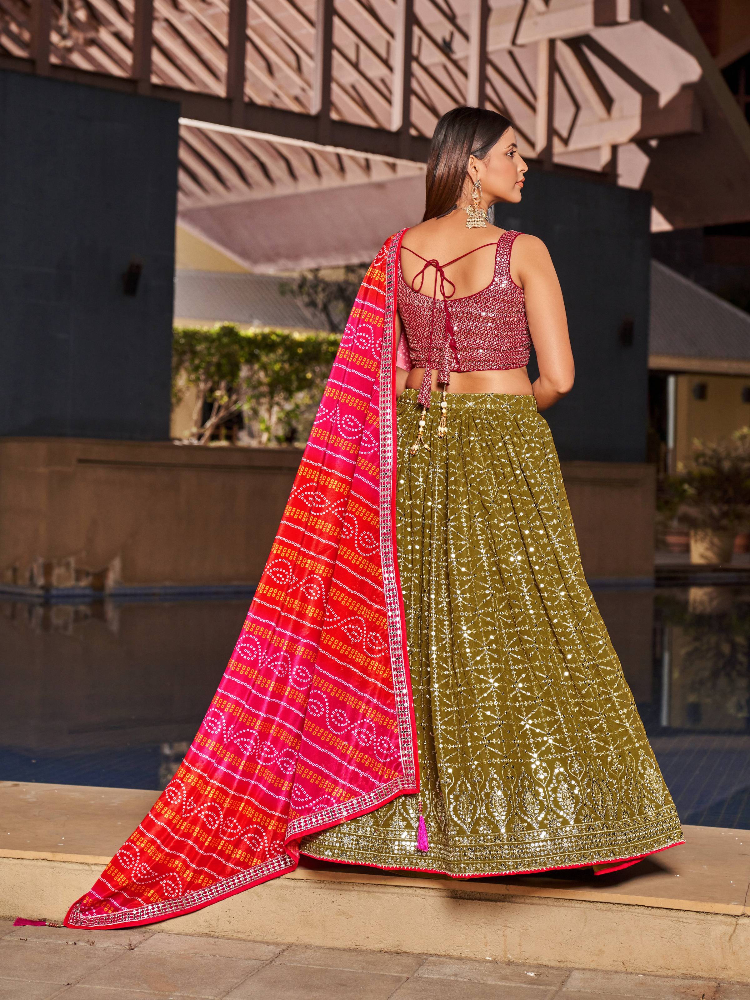 Jyoti Fashion Women's Olive Georgette Zari & Heavy Sequin Embroidery Lehenga Choli & Dupatta - Distacart