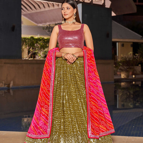 Jyoti Fashion Women's Olive Georgette Zari & Heavy Sequin Embroidery Lehenga Choli & Dupatta - Distacart