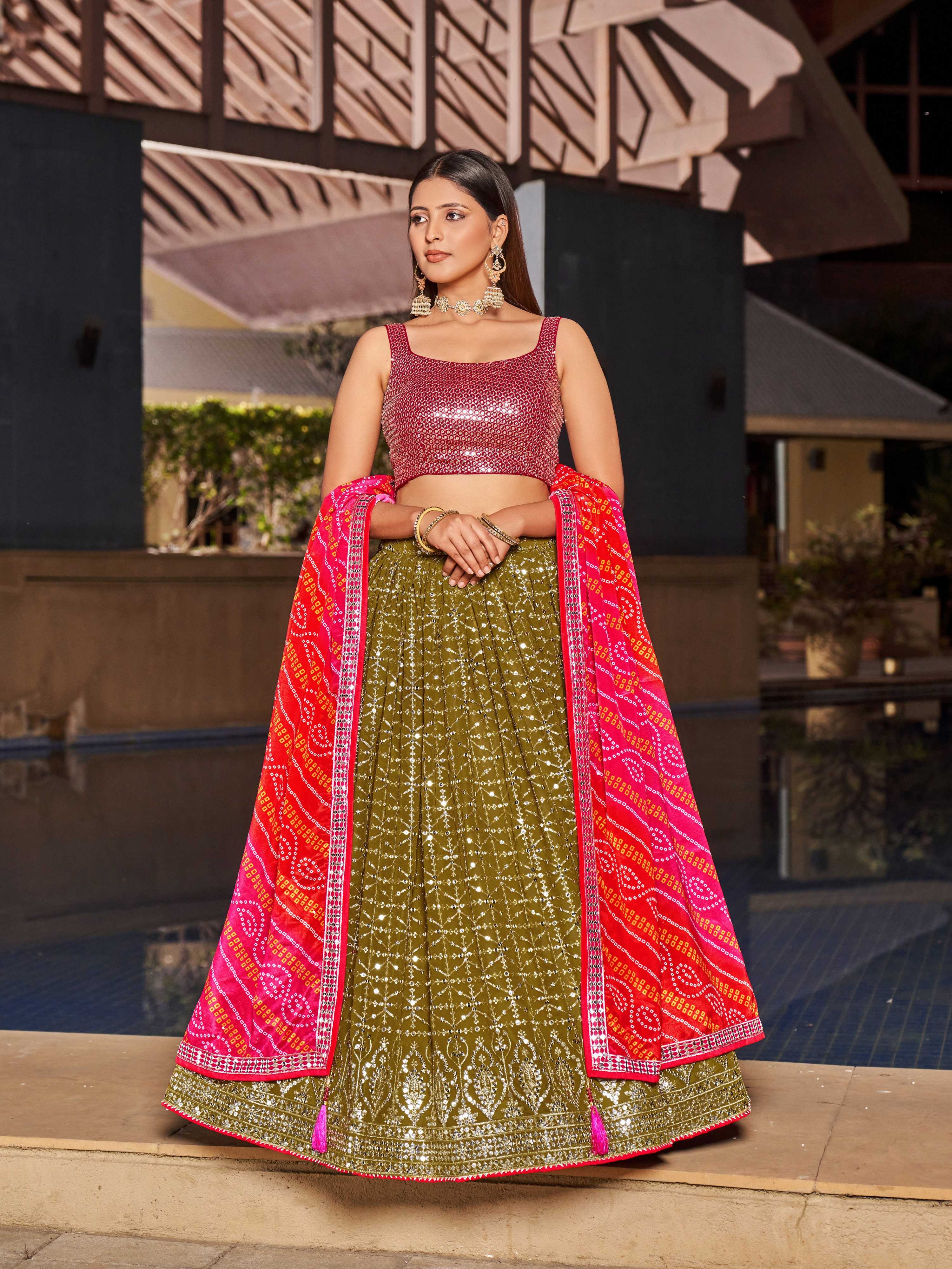 Jyoti Fashion Women's Olive Georgette Zari & Heavy Sequin Embroidery Lehenga Choli & Dupatta - Distacart