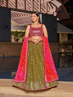 Thumbnail for Jyoti Fashion Women's Olive Georgette Zari & Heavy Sequin Embroidery Lehenga Choli & Dupatta - Distacart